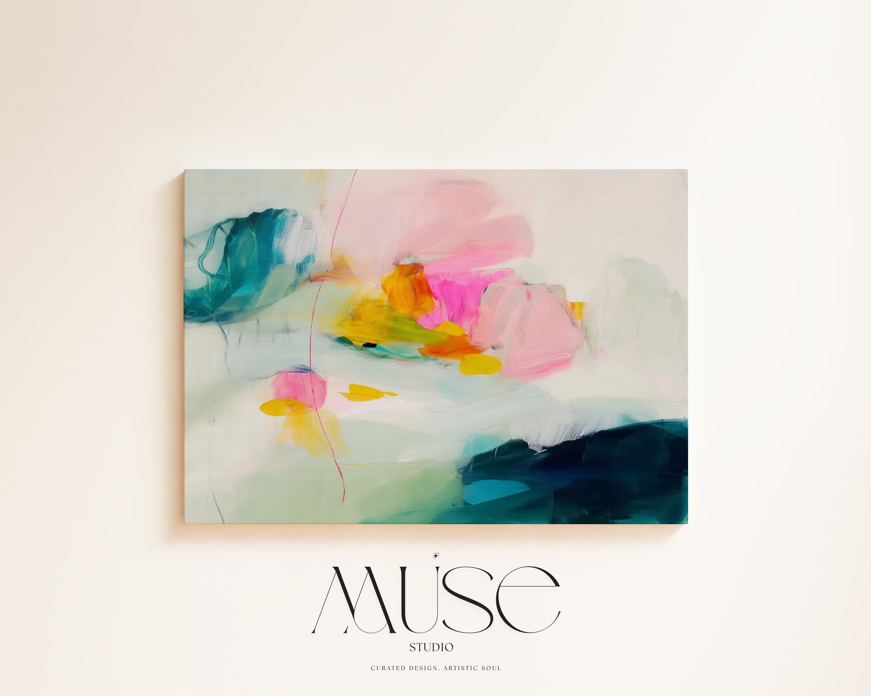 Poppy Fields No. 454 by Muse Studio & Co. colorful abstract wall art in pink, teal, yellow, and cream tones printed with museum-grade giclée inks on premium gallery-wrapped canvas, styled as large statement wall decor in a bright modern living room.