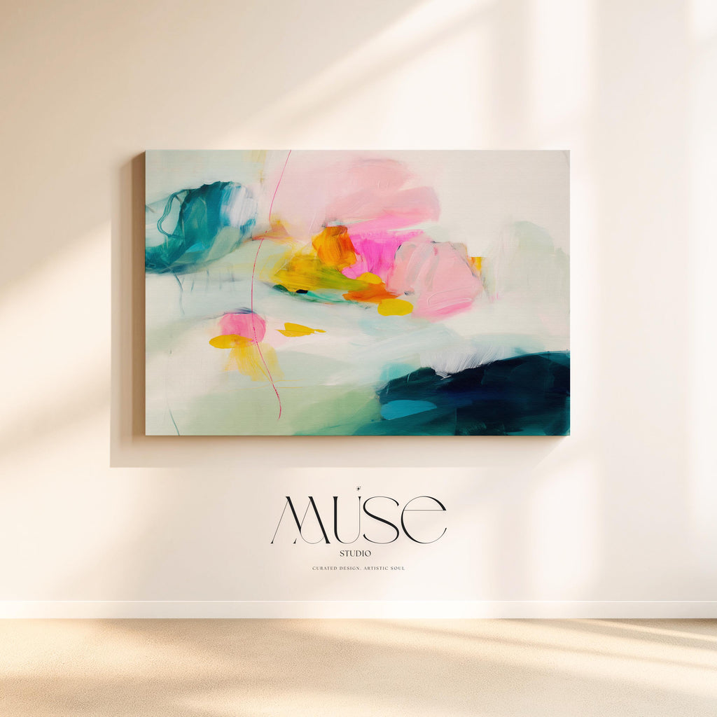 Poppy Fields No. 454 by Muse Studio & Co. colorful abstract wall art in pink, teal, yellow, and cream tones printed with museum-grade giclée inks on premium gallery-wrapped canvas, styled as large statement wall decor in a bright modern living room.