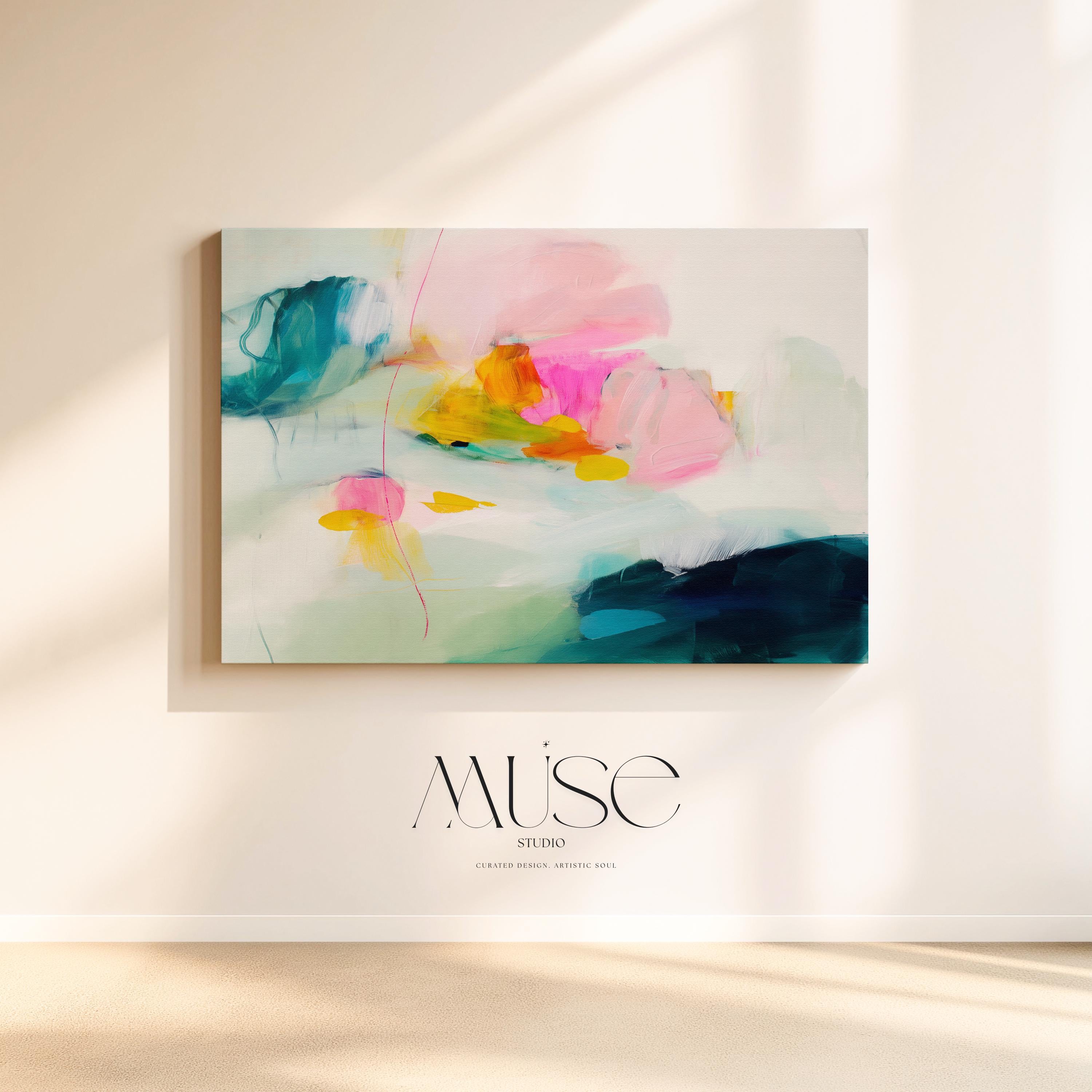 Poppy Fields No. 454 by Muse Studio & Co. colorful abstract wall art in pink, teal, yellow, and cream tones printed with museum-grade giclée inks on premium gallery-wrapped canvas, styled as large statement wall decor in a bright modern living room.