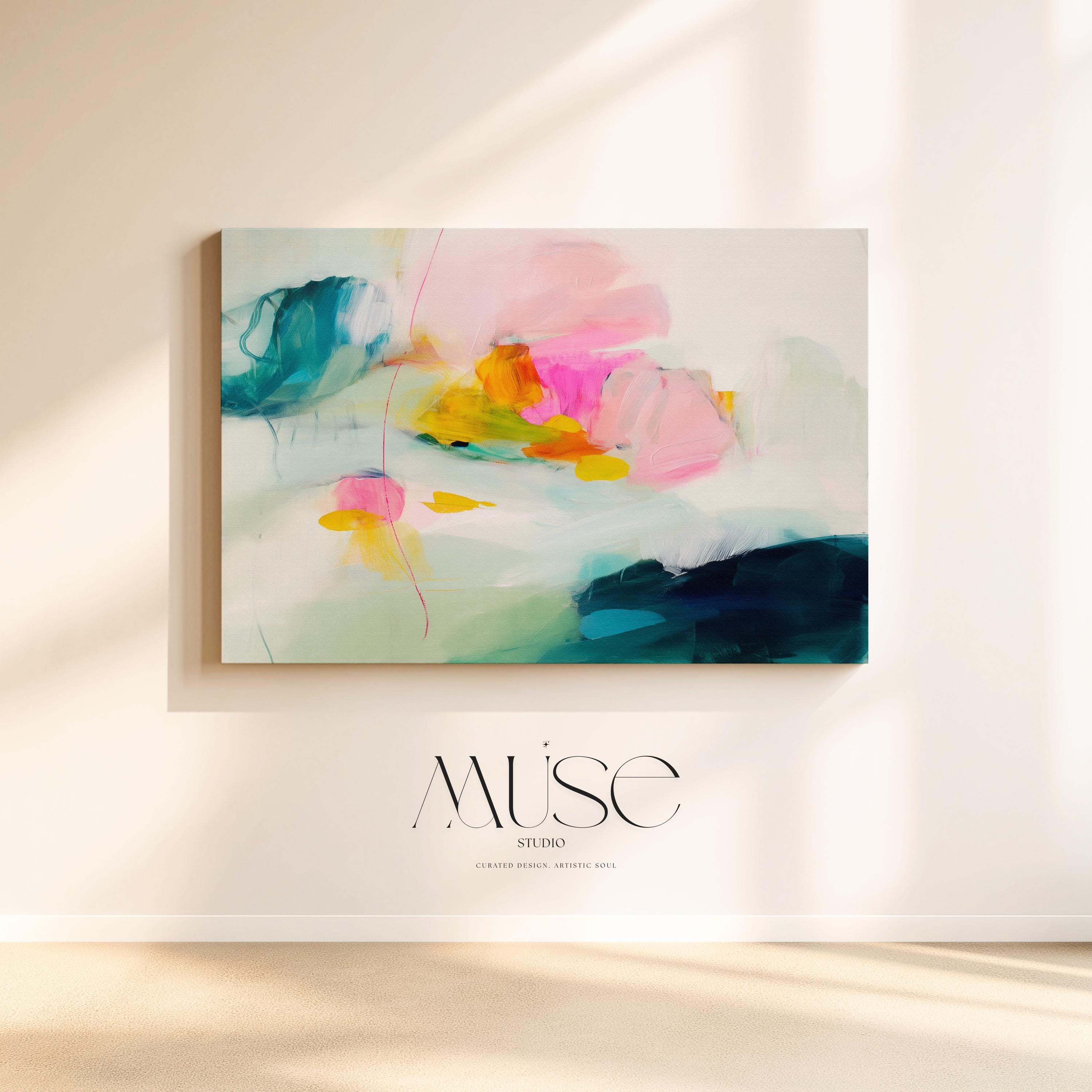 Poppy Fields No. 454 by Muse Studio & Co. colorful abstract wall art in pink, teal, yellow, and cream tones printed with museum-grade giclée inks on premium gallery-wrapped canvas, styled as large statement wall decor in a bright modern living room.
