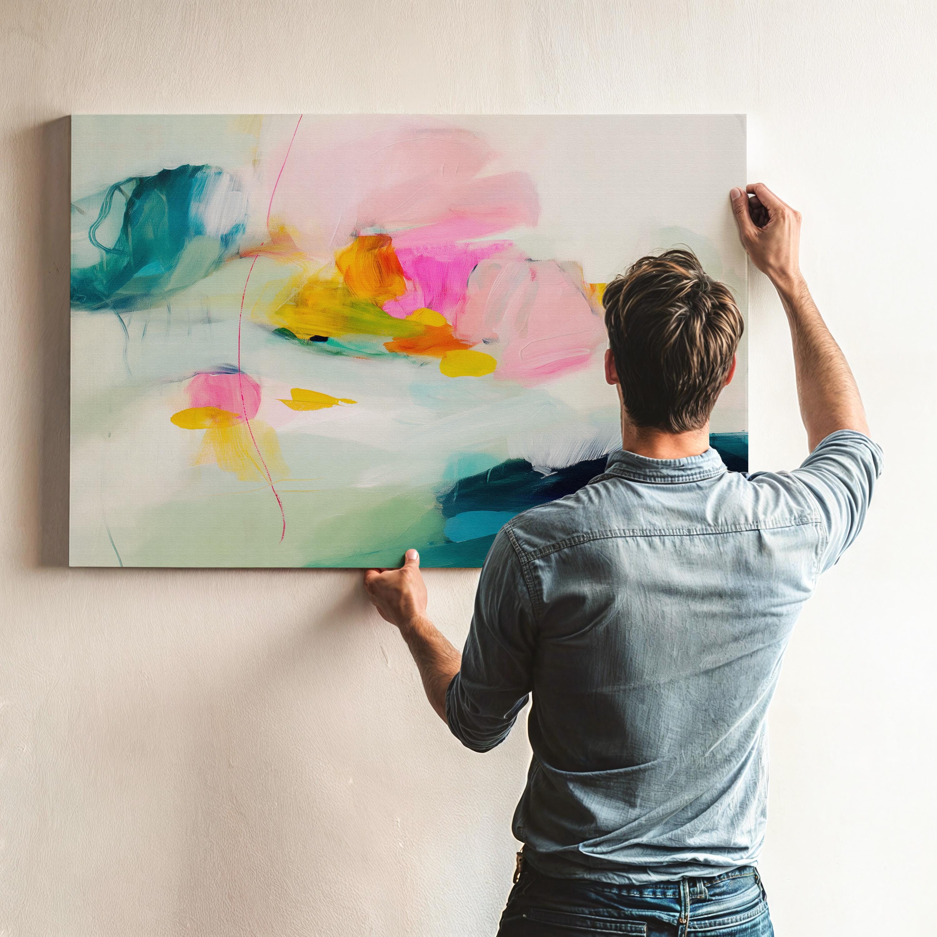 Poppy Fields No. 454 by Muse Studio & Co. colorful abstract wall art in pink, teal, yellow, and cream tones printed with museum-grade giclée inks on premium gallery-wrapped canvas, styled as large statement wall decor in a bright modern living room.