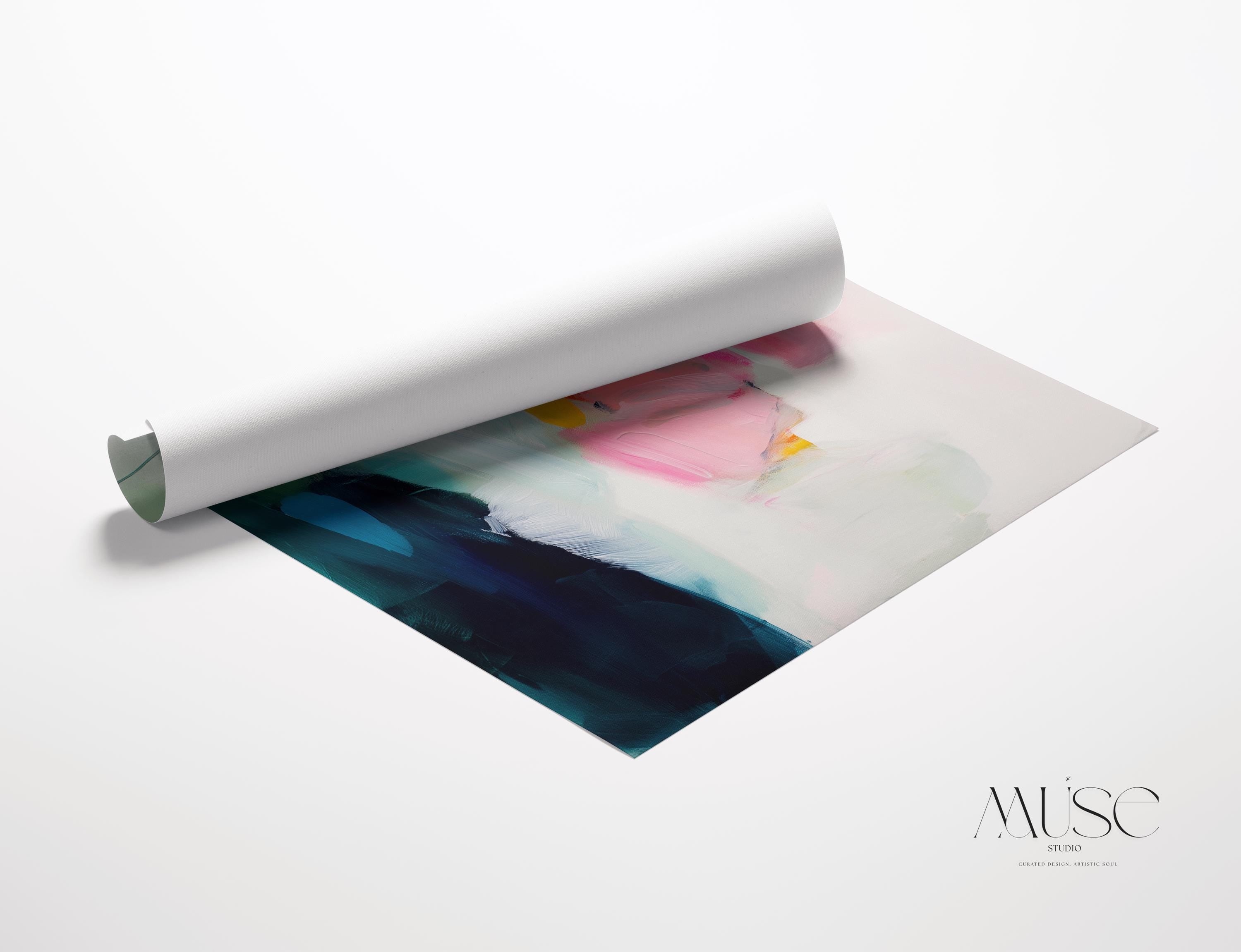 Poppy Fields No. 454 by Muse Studio & Co. colorful abstract wall art in pink, teal, yellow, and cream tones printed with museum-grade giclée inks on premium gallery-wrapped canvas, styled as large statement wall decor in a bright modern living room.