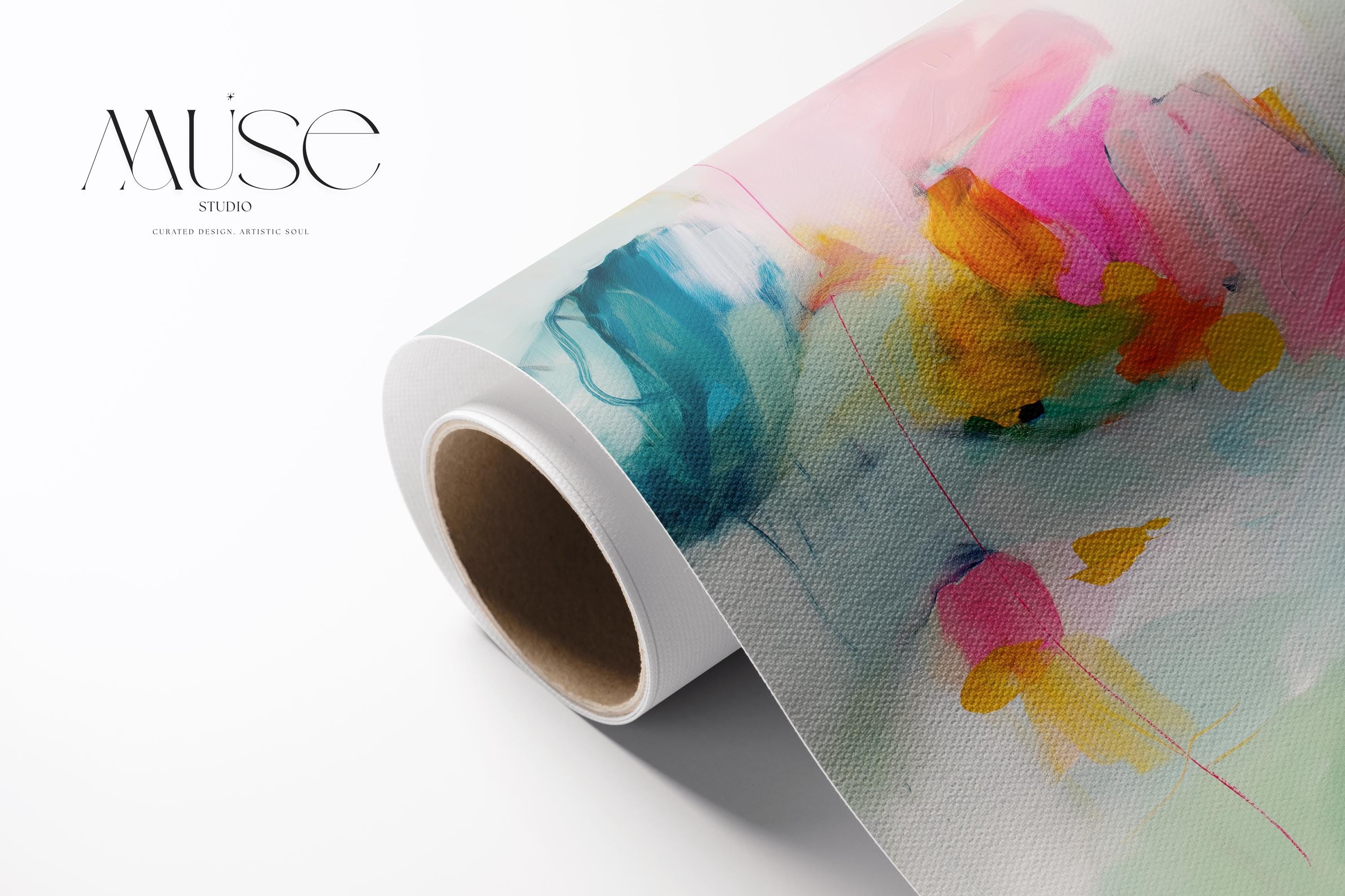 Poppy Fields No. 454 by Muse Studio & Co. colorful abstract wall art in pink, teal, yellow, and cream tones printed with museum-grade giclée inks on premium gallery-wrapped canvas, styled as large statement wall decor in a bright modern living room.