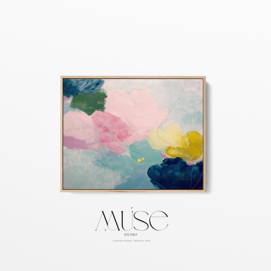 Large horizontal abstract canvas wall art by Muse Studio featuring blush pink, teal, soft aqua, and yellow in a pastel color palette. Museum-grade giclée print on premium gallery-wrapped canvas, styled for living rooms, bedrooms, or light-filled interiors.