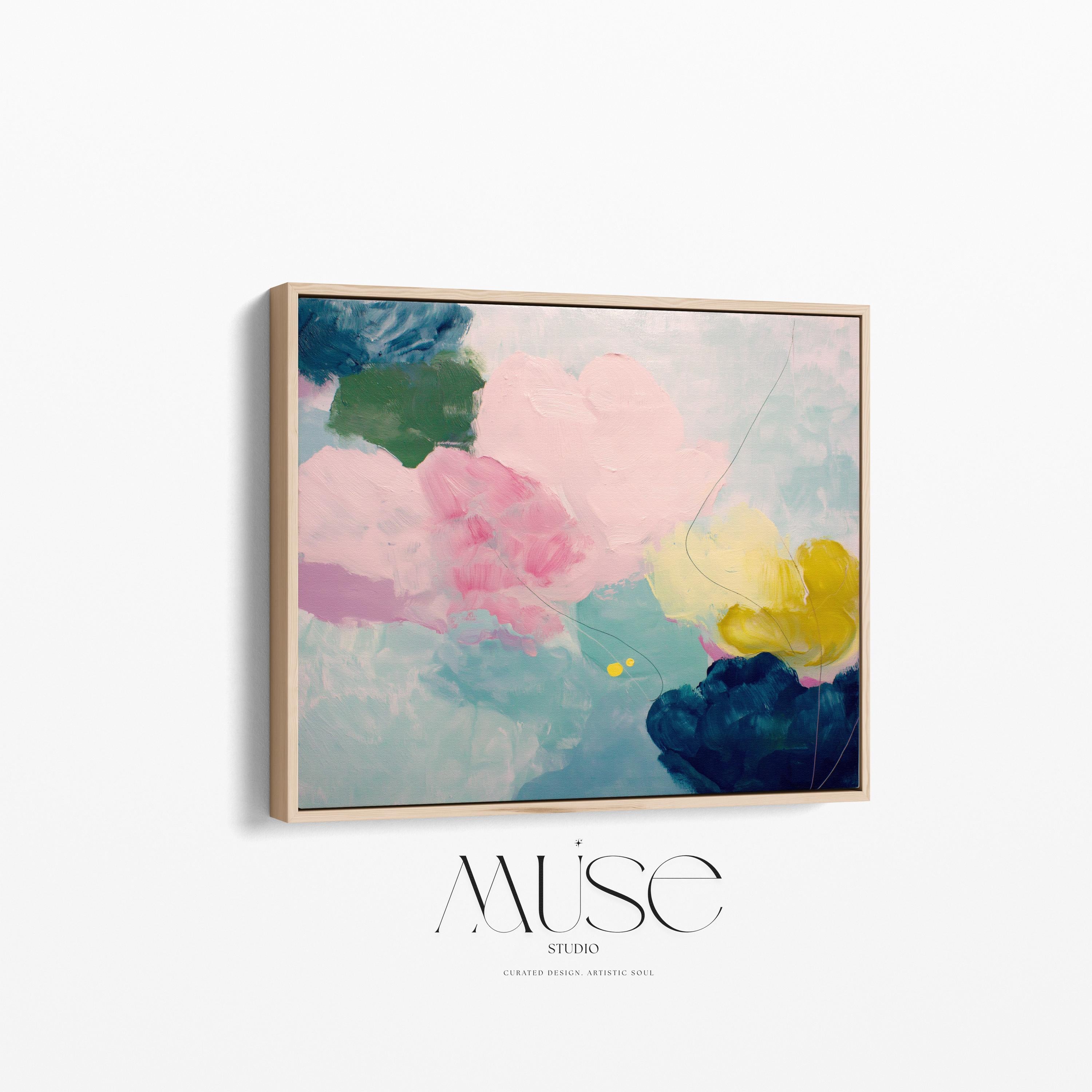 Large horizontal abstract canvas wall art by Muse Studio featuring blush pink, teal, soft aqua, and yellow in a pastel color palette. Museum-grade giclée print on premium gallery-wrapped canvas, styled for living rooms, bedrooms, or light-filled interiors.