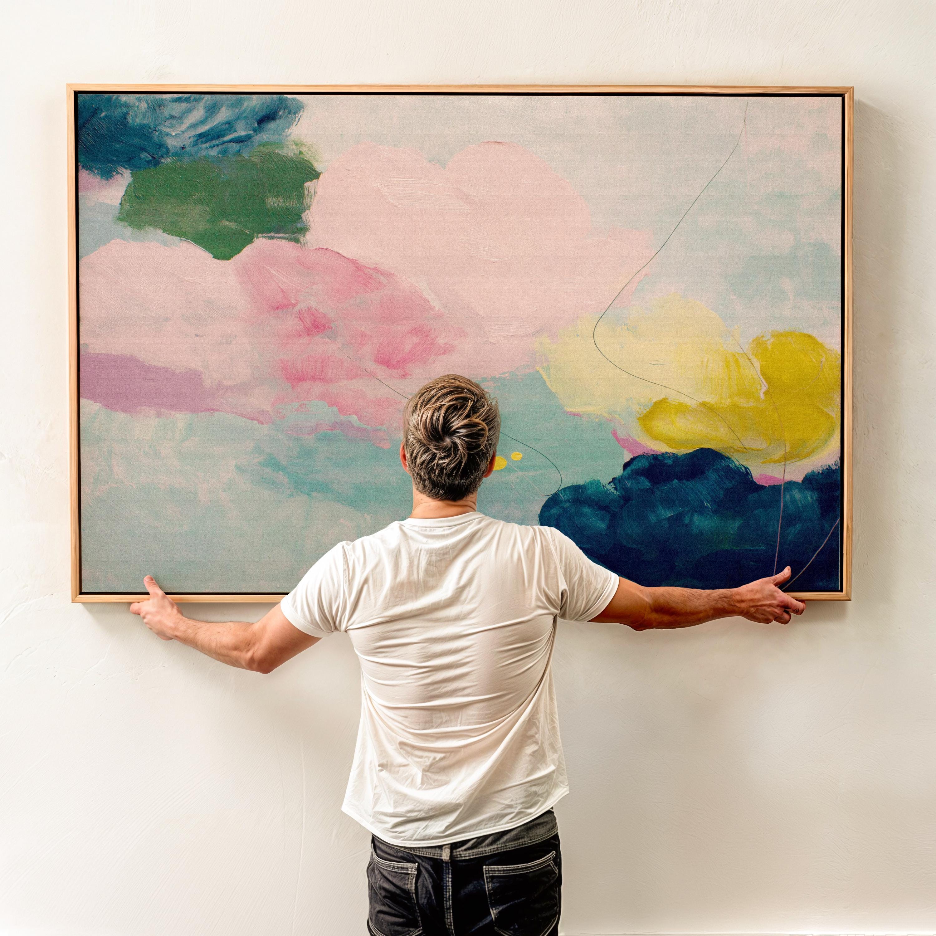 Large horizontal abstract canvas wall art by Muse Studio featuring blush pink, teal, soft aqua, and yellow in a pastel color palette. Museum-grade giclée print on premium gallery-wrapped canvas, styled for living rooms, bedrooms, or light-filled interiors.