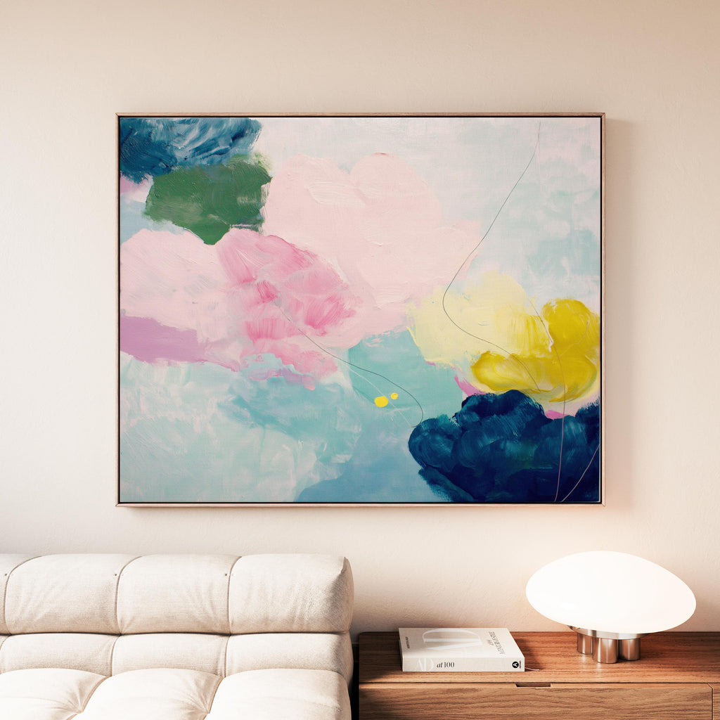 Large horizontal abstract canvas wall art by Muse Studio featuring blush pink, teal, soft aqua, and yellow in a pastel color palette. Museum-grade giclée print on premium gallery-wrapped canvas, styled for living rooms, bedrooms, or light-filled interiors.