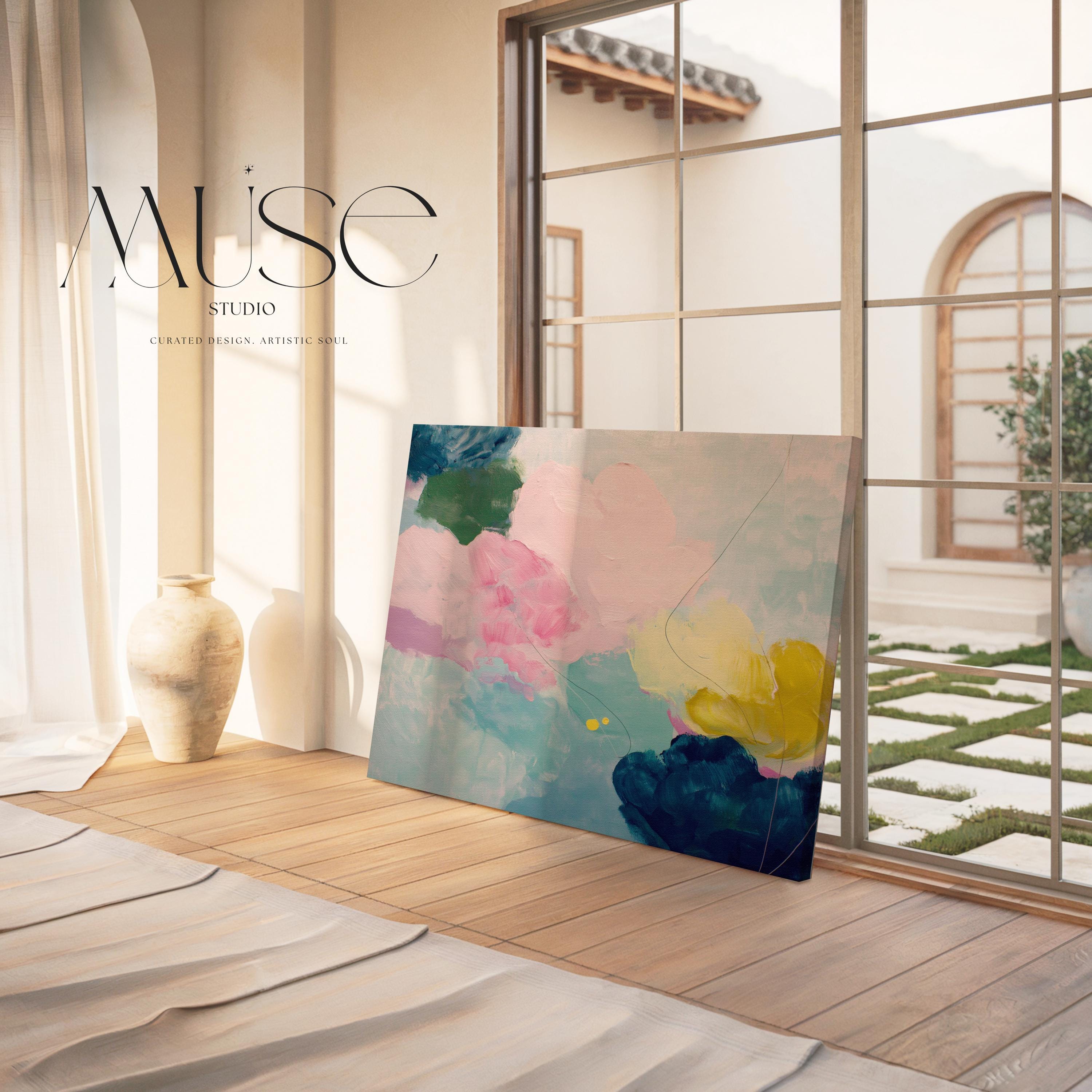 Large horizontal abstract canvas wall art by Muse Studio featuring blush pink, teal, soft aqua, and yellow in a pastel color palette. Museum-grade giclée print on premium gallery-wrapped canvas, styled for living rooms, bedrooms, or light-filled interiors.
