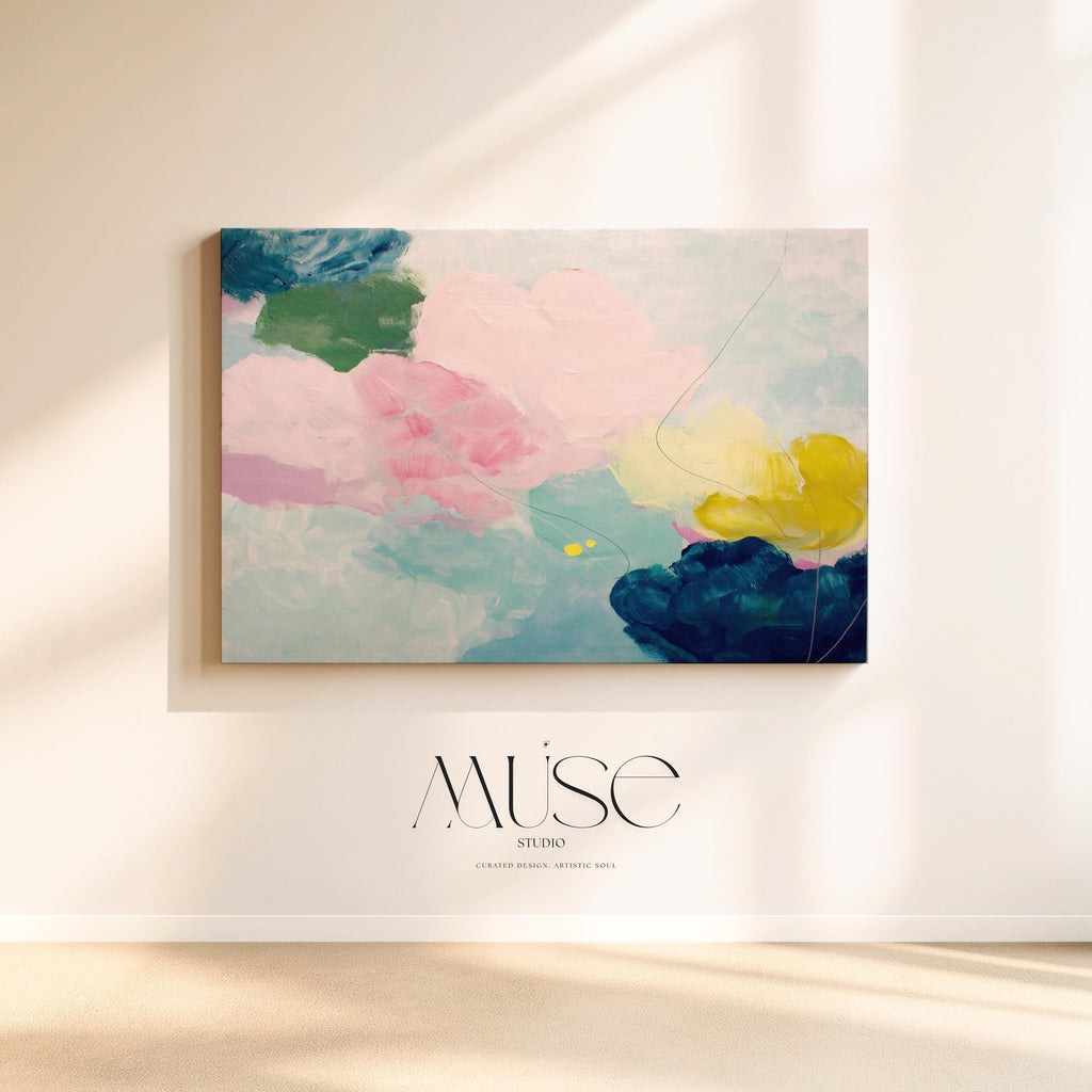Large horizontal abstract canvas wall art by Muse Studio featuring blush pink, teal, soft aqua, and yellow in a pastel color palette. Museum-grade giclée print on premium gallery-wrapped canvas, styled for living rooms, bedrooms, or light-filled interiors.