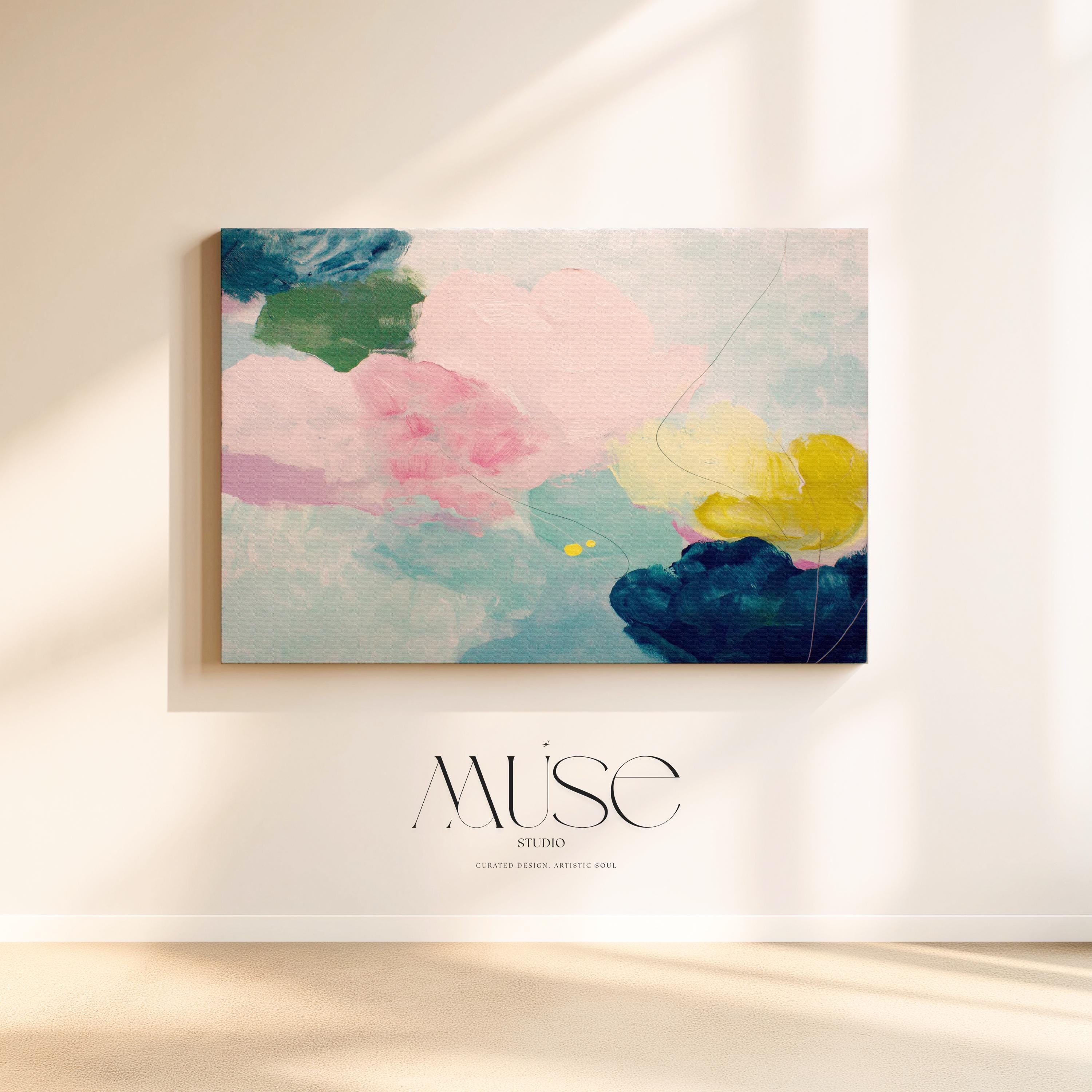 Large horizontal abstract canvas wall art by Muse Studio featuring blush pink, teal, soft aqua, and yellow in a pastel color palette. Museum-grade giclée print on premium gallery-wrapped canvas, styled for living rooms, bedrooms, or light-filled interiors.