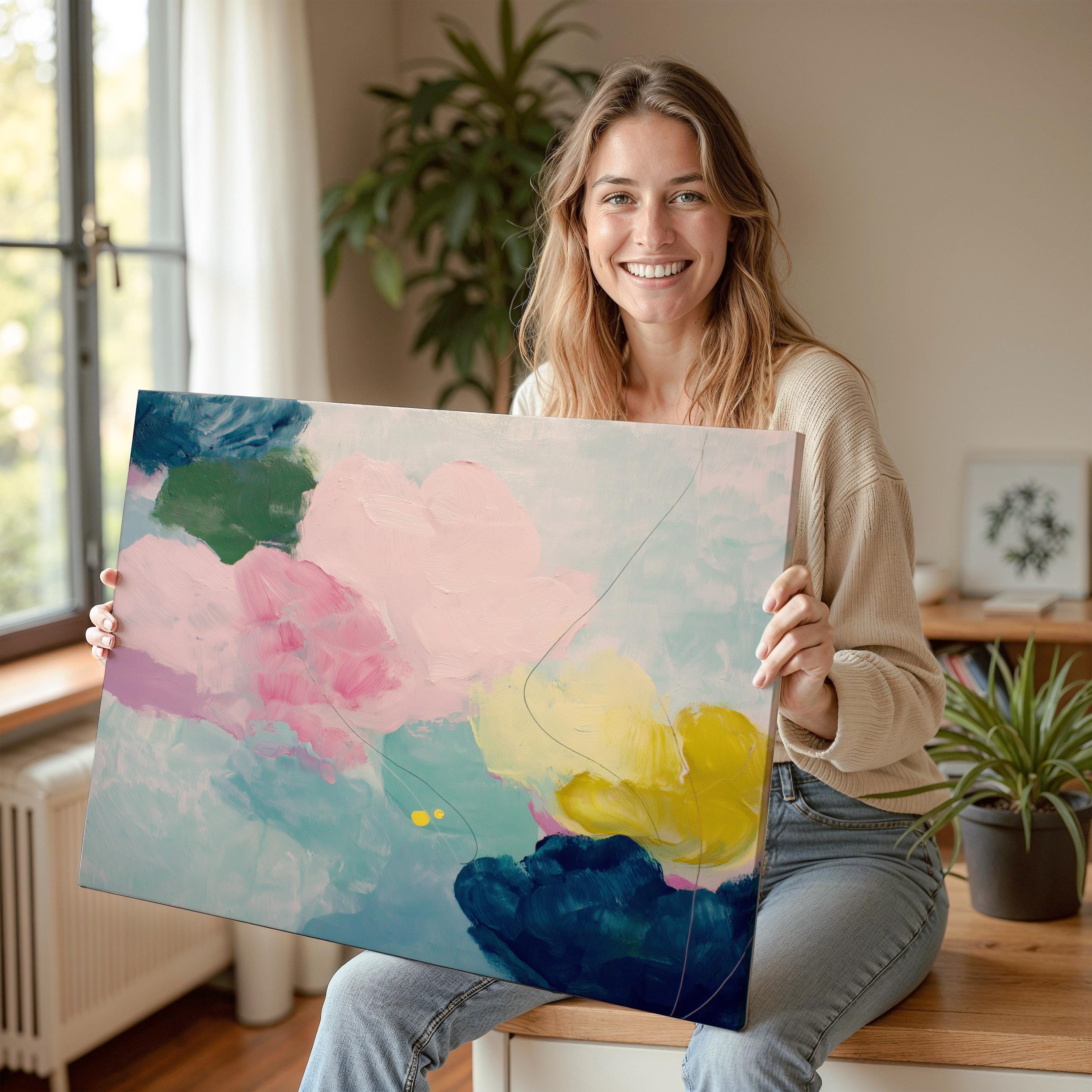 Large horizontal abstract canvas wall art by Muse Studio featuring blush pink, teal, soft aqua, and yellow in a pastel color palette. Museum-grade giclée print on premium gallery-wrapped canvas, styled for living rooms, bedrooms, or light-filled interiors.