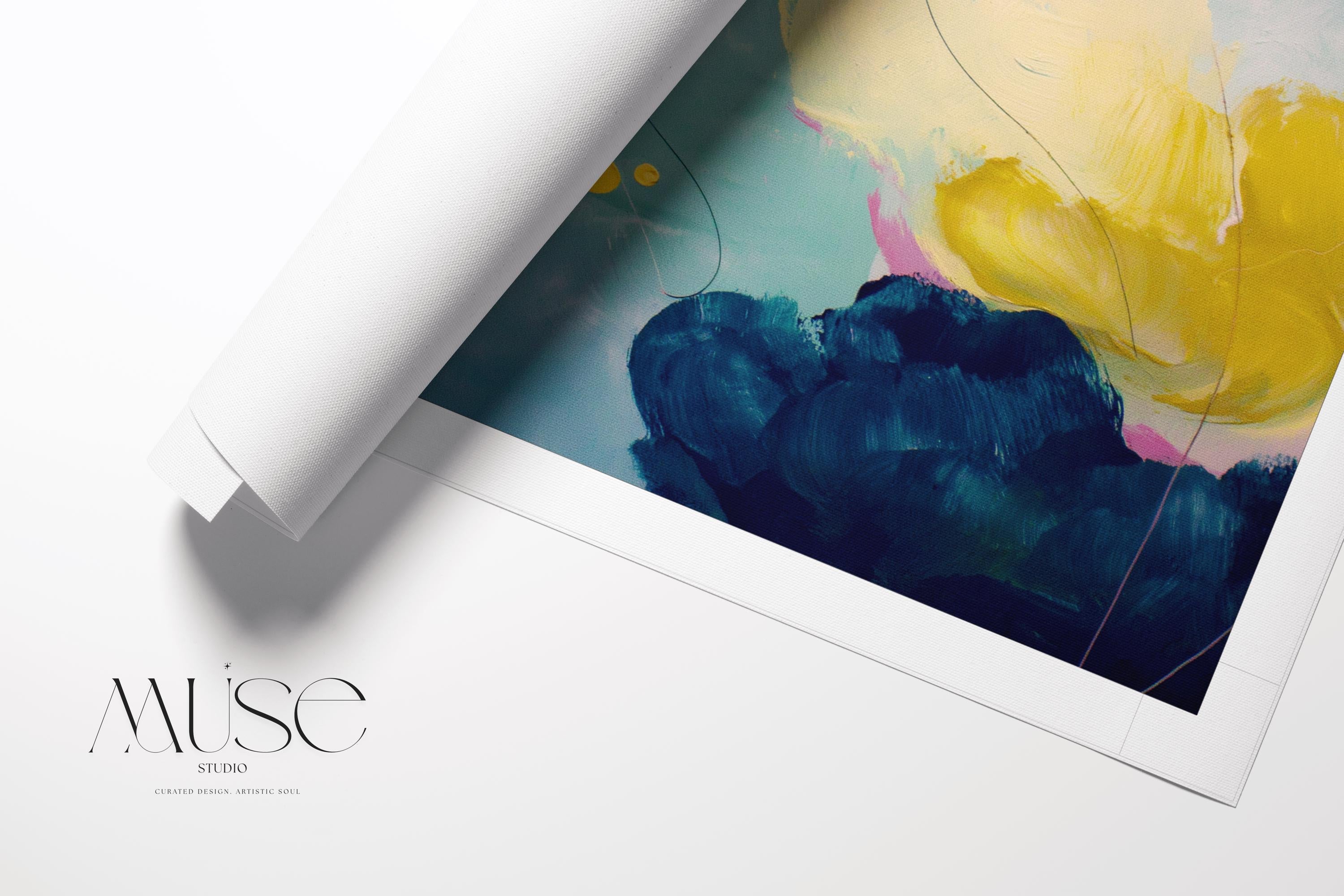 Large horizontal abstract canvas wall art by Muse Studio featuring blush pink, teal, soft aqua, and yellow in a pastel color palette. Museum-grade giclée print on premium gallery-wrapped canvas, styled for living rooms, bedrooms, or light-filled interiors.