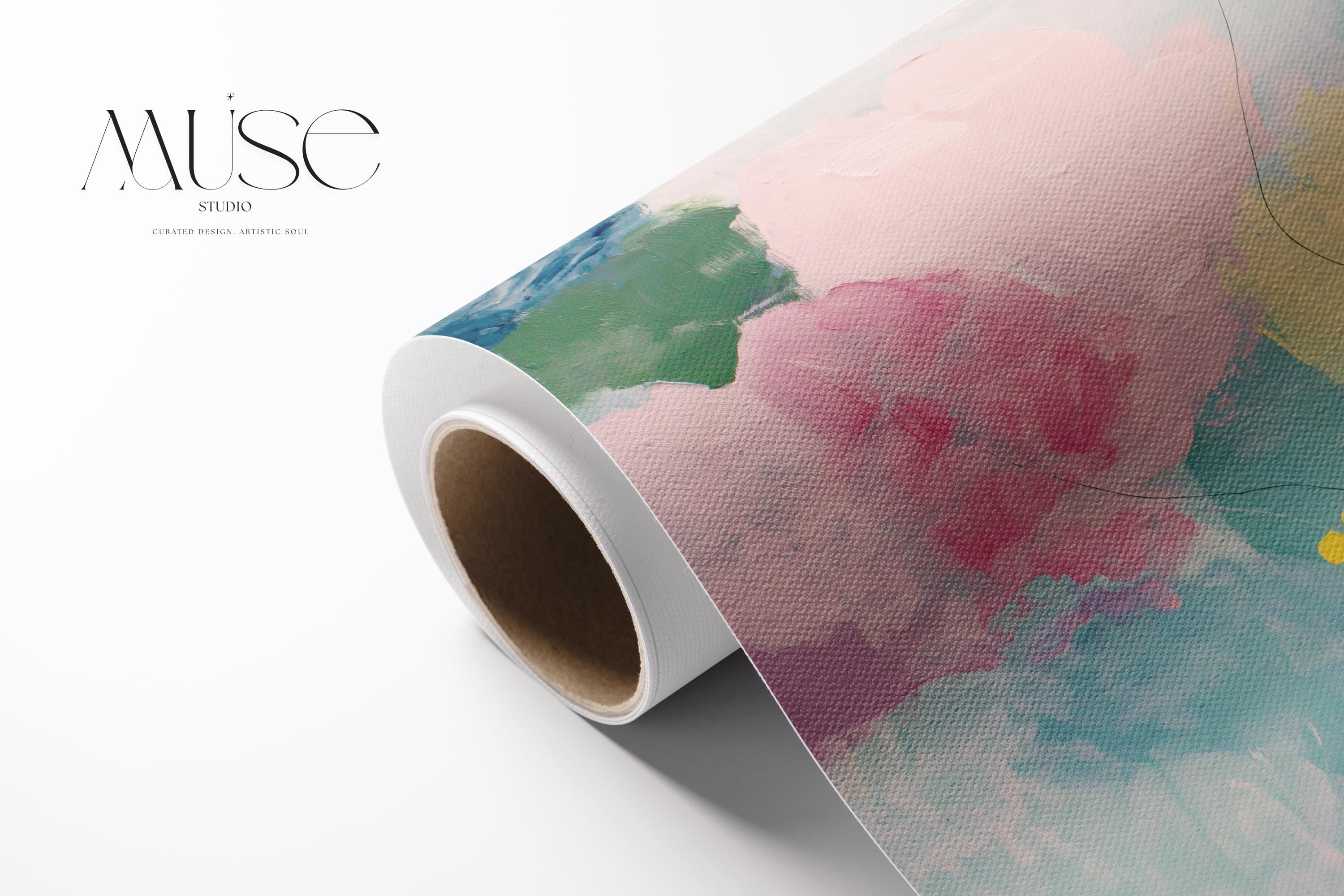 Large horizontal abstract canvas wall art by Muse Studio featuring blush pink, teal, soft aqua, and yellow in a pastel color palette. Museum-grade giclée print on premium gallery-wrapped canvas, styled for living rooms, bedrooms, or light-filled interiors.