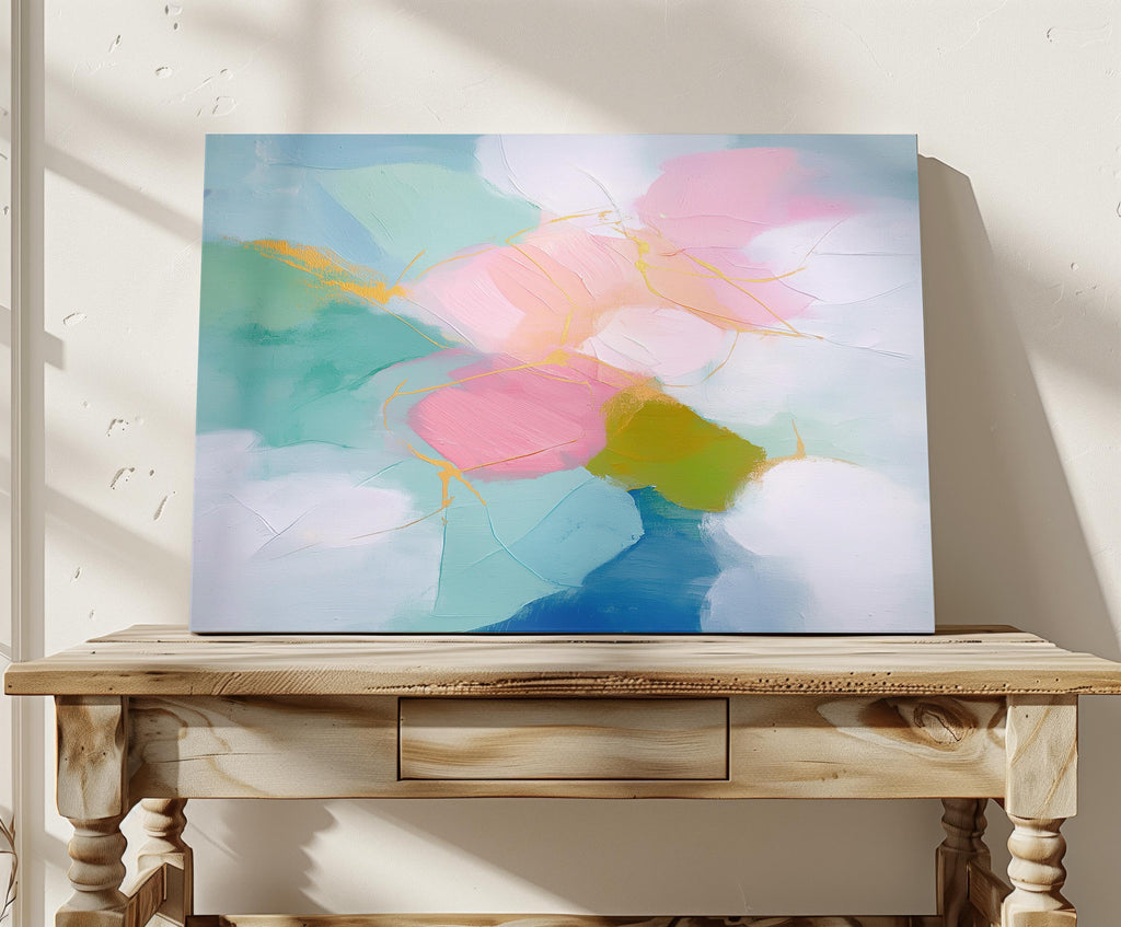 Large horizontal pastel abstract canvas wall art by Muse Studio featuring blush pink, teal, aqua, and soft yellow with fluid painterly movement. Printed with museum-grade giclée inks on premium gallery-wrapped canvas, ideal for living rooms, bedrooms, or serene modern interiors.