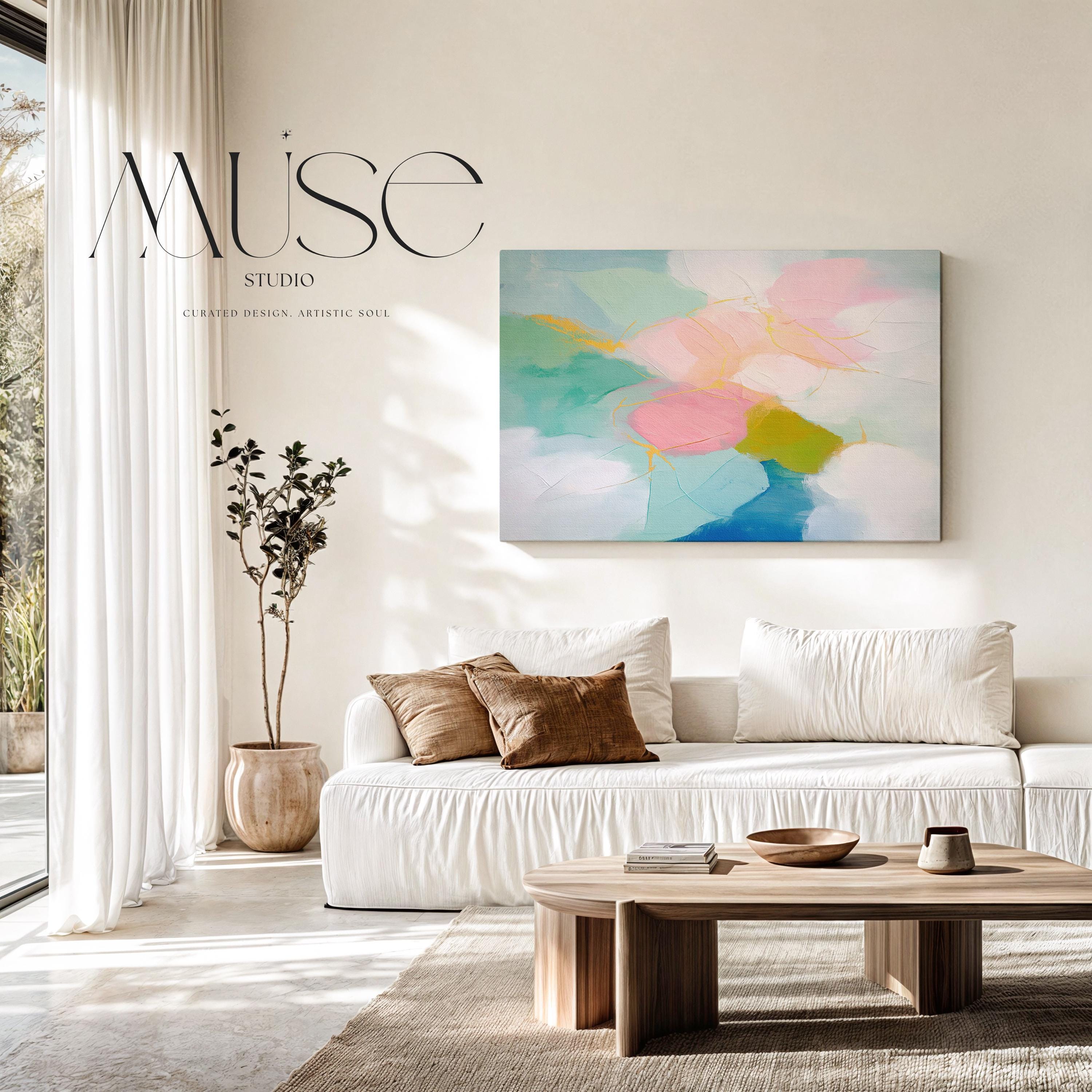 Large horizontal pastel abstract canvas wall art by Muse Studio featuring blush pink, teal, aqua, and soft yellow with fluid painterly movement. Printed with museum-grade giclée inks on premium gallery-wrapped canvas, ideal for living rooms, bedrooms, or serene modern interiors.