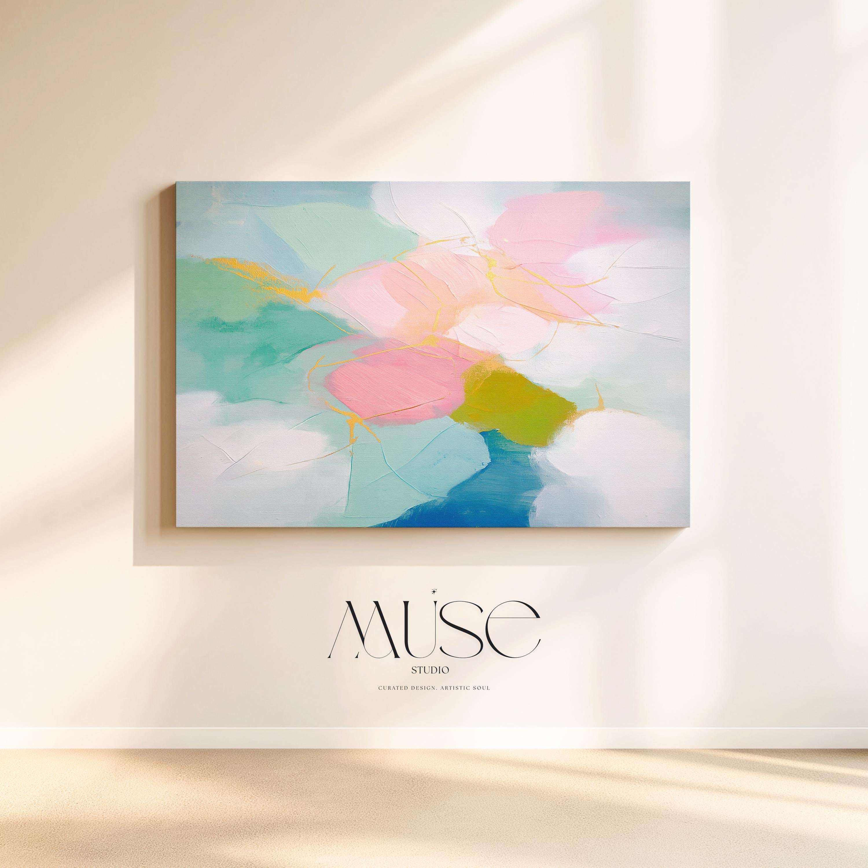 Large horizontal pastel abstract canvas wall art by Muse Studio featuring blush pink, teal, aqua, and soft yellow with fluid painterly movement. Printed with museum-grade giclée inks on premium gallery-wrapped canvas, ideal for living rooms, bedrooms, or serene modern interiors.