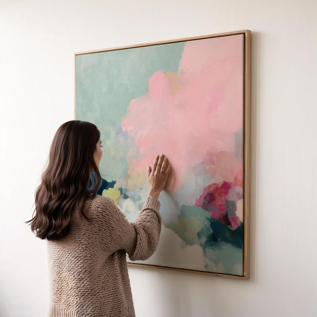 Square framed pastel abstract wall art by Muse Studio featuring blush pink cloud-like forms with soft green and cream tones. Printed with museum-grade giclée inks on premium artist canvas and finished in custom wood float frames in natural, white, black, or antique gold and silver, designed for bedrooms or serene living spaces.