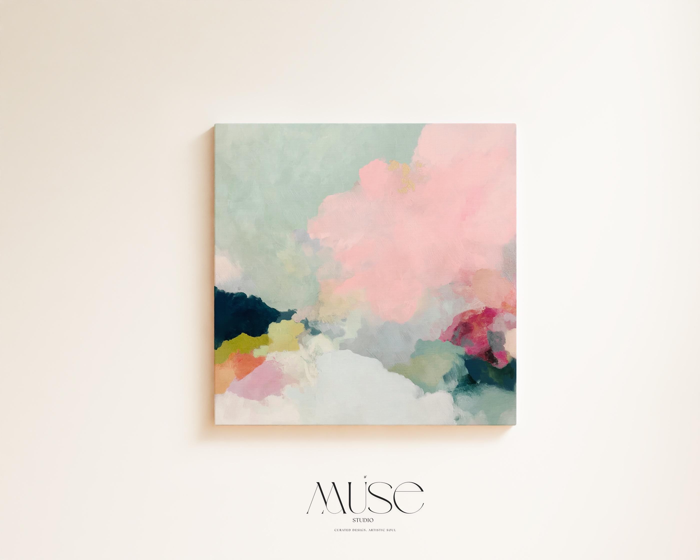 Square pastel pink cloud canvas wall art by Muse Studio featuring soft blush, cream, and gentle sage tones in a dreamy abstract composition. Printed with museum-grade giclée inks on premium gallery-wrapped canvas, perfect for nursery decor, baby girl room, or soft modern spaces.