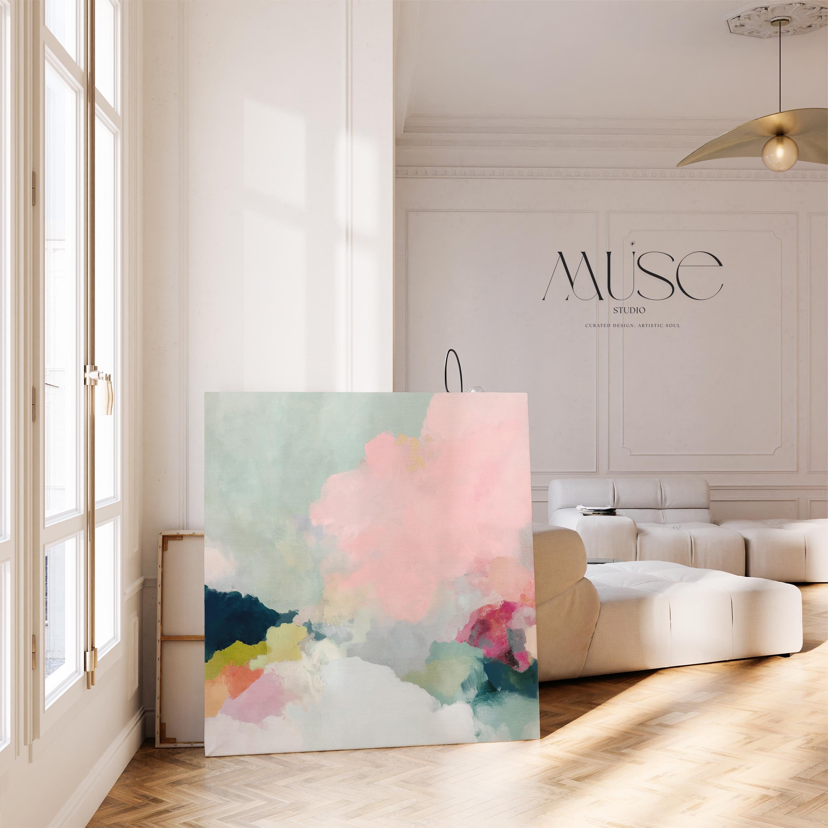 Square pastel pink cloud canvas wall art by Muse Studio featuring soft blush, cream, and gentle sage tones in a dreamy abstract composition. Printed with museum-grade giclée inks on premium gallery-wrapped canvas, perfect for nursery decor, baby girl room, or soft modern spaces.