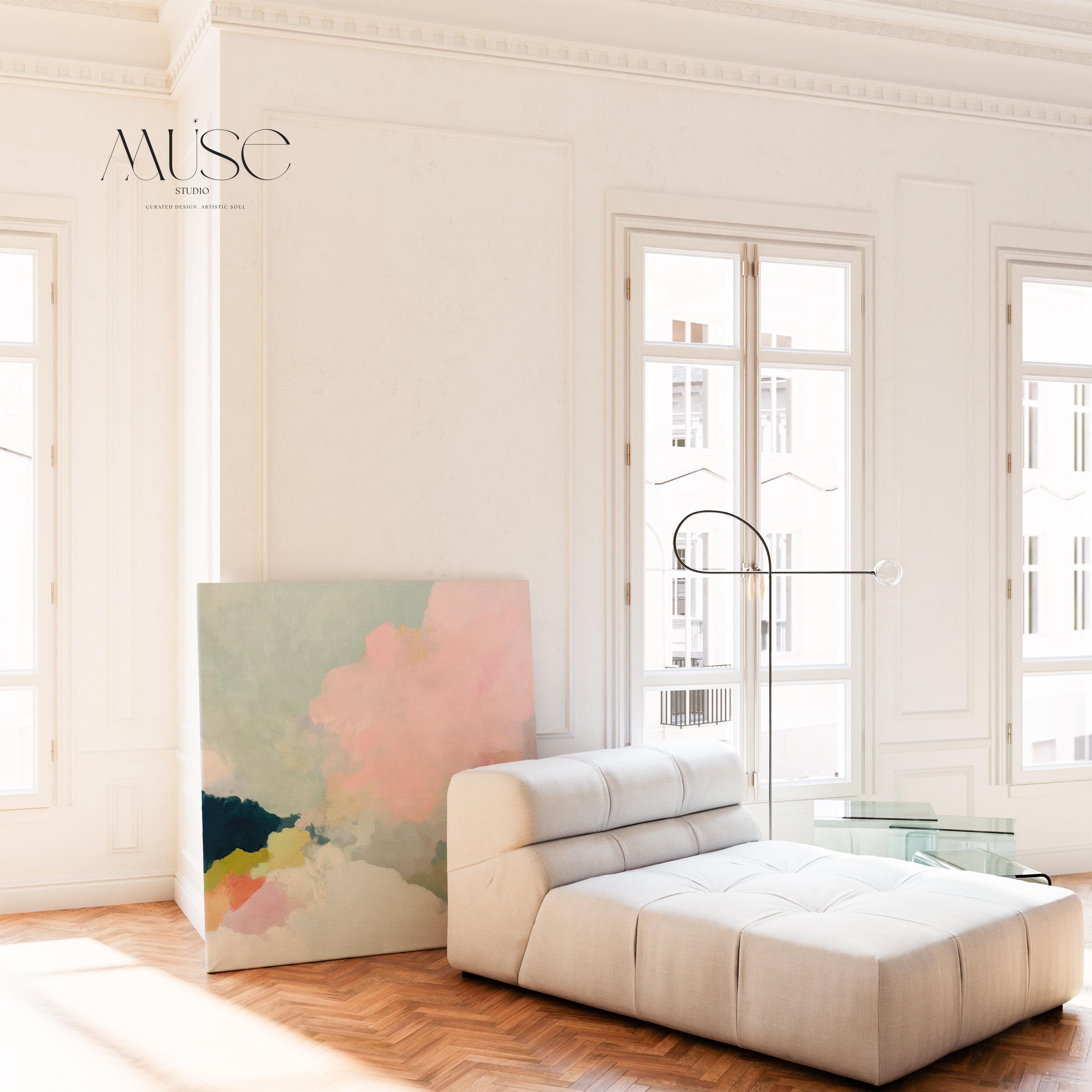 Square pastel pink cloud canvas wall art by Muse Studio featuring soft blush, cream, and gentle sage tones in a dreamy abstract composition. Printed with museum-grade giclée inks on premium gallery-wrapped canvas, perfect for nursery decor, baby girl room, or soft modern spaces.