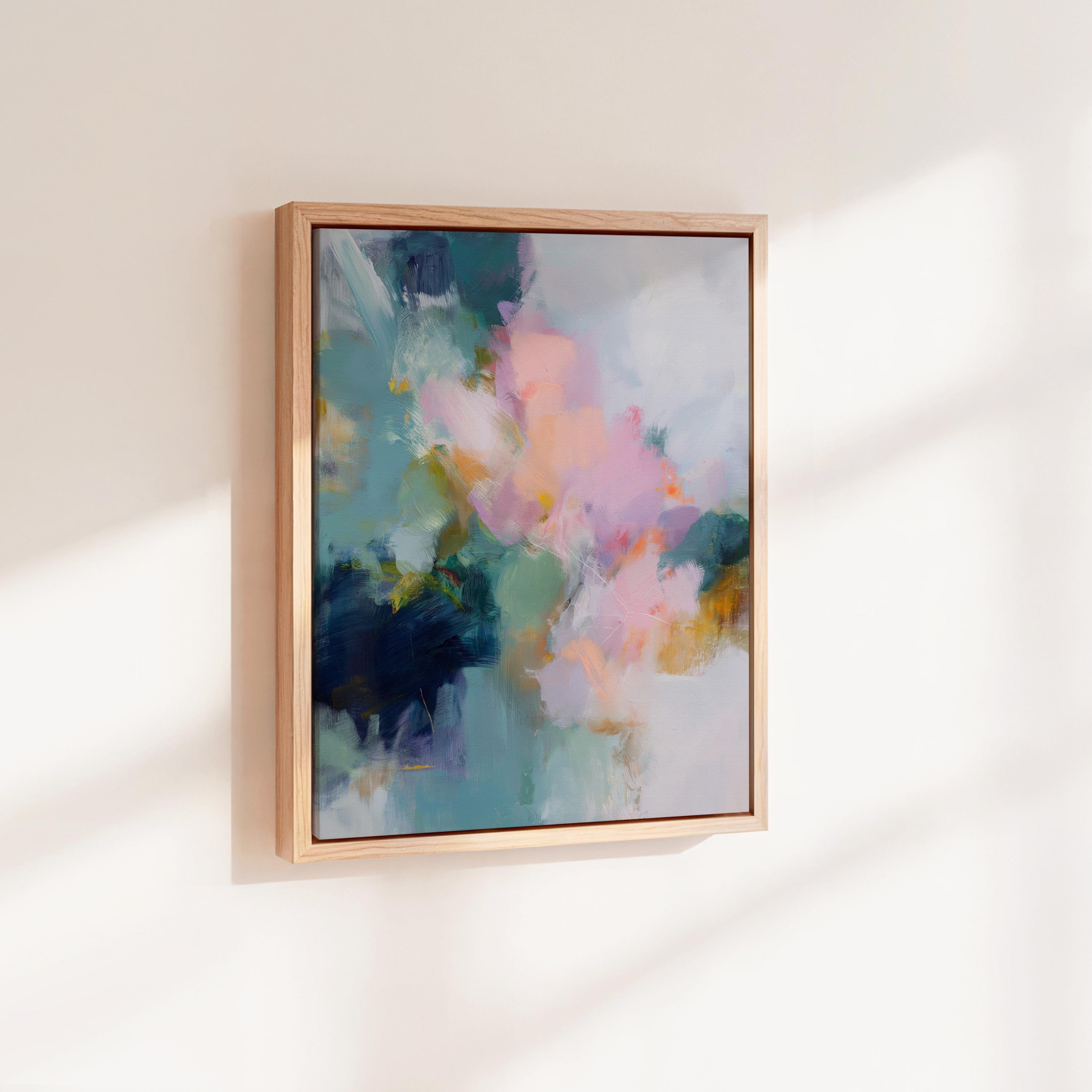Large framed abstract wall art in blush pink, teal, sage green and soft yellow · soft botanical inspired painting for bedroom or living room · museum-grade giclée print on premium canvas with custom wood float frame · Muse Studio Misty Garden 1062