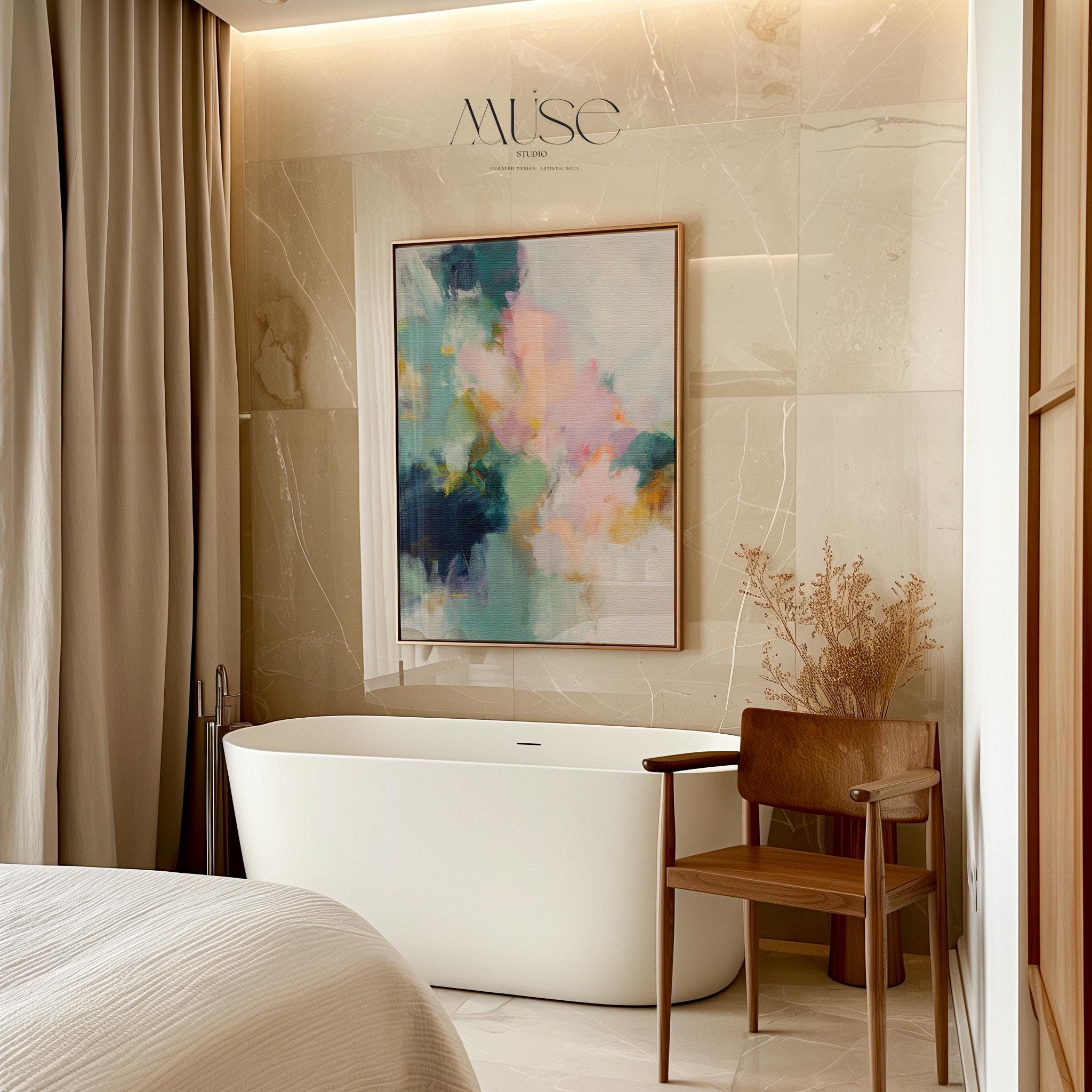 Large framed abstract wall art in blush pink, teal, sage green and soft yellow · soft botanical inspired painting for bedroom or living room · museum-grade giclée print on premium canvas with custom wood float frame · Muse Studio Misty Garden 1062