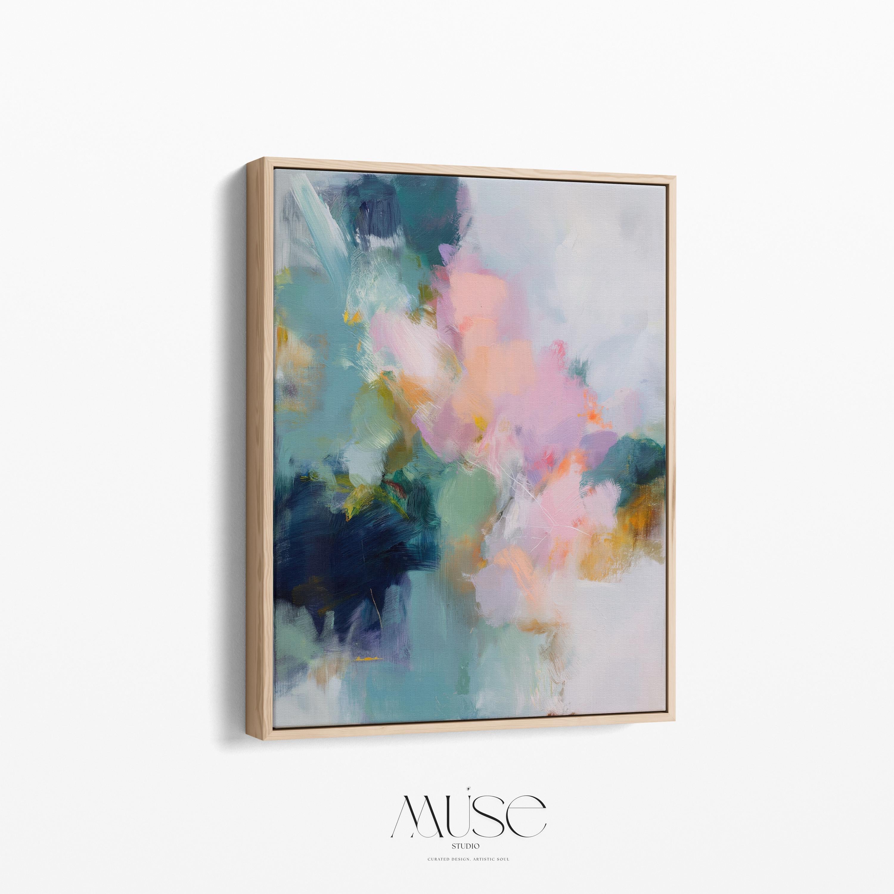 Large framed abstract wall art in blush pink, teal, sage green and soft yellow · soft botanical inspired painting for bedroom or living room · museum-grade giclée print on premium canvas with custom wood float frame · Muse Studio Misty Garden 1062