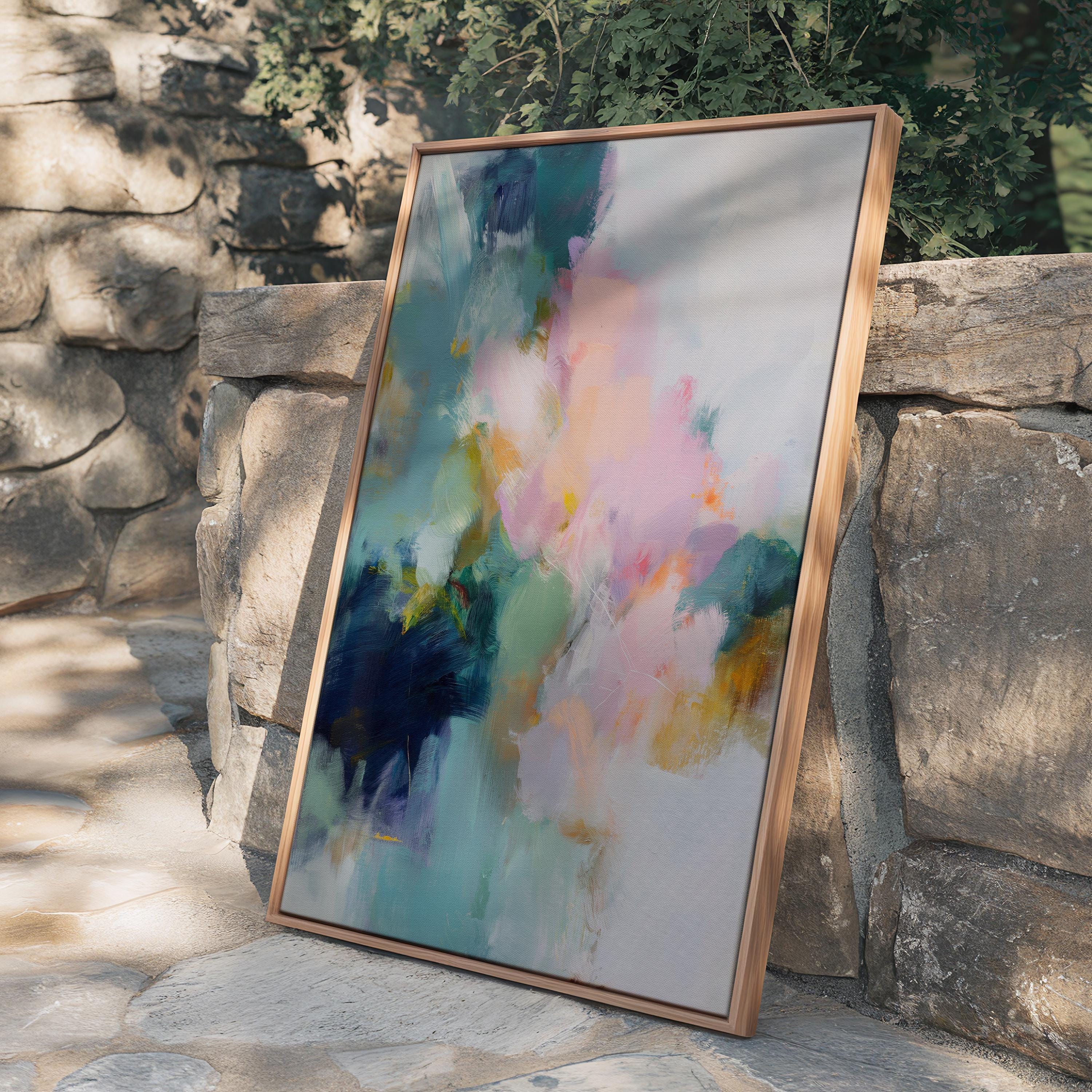 Large framed abstract wall art in blush pink, teal, sage green and soft yellow · soft botanical inspired painting for bedroom or living room · museum-grade giclée print on premium canvas with custom wood float frame · Muse Studio Misty Garden 1062