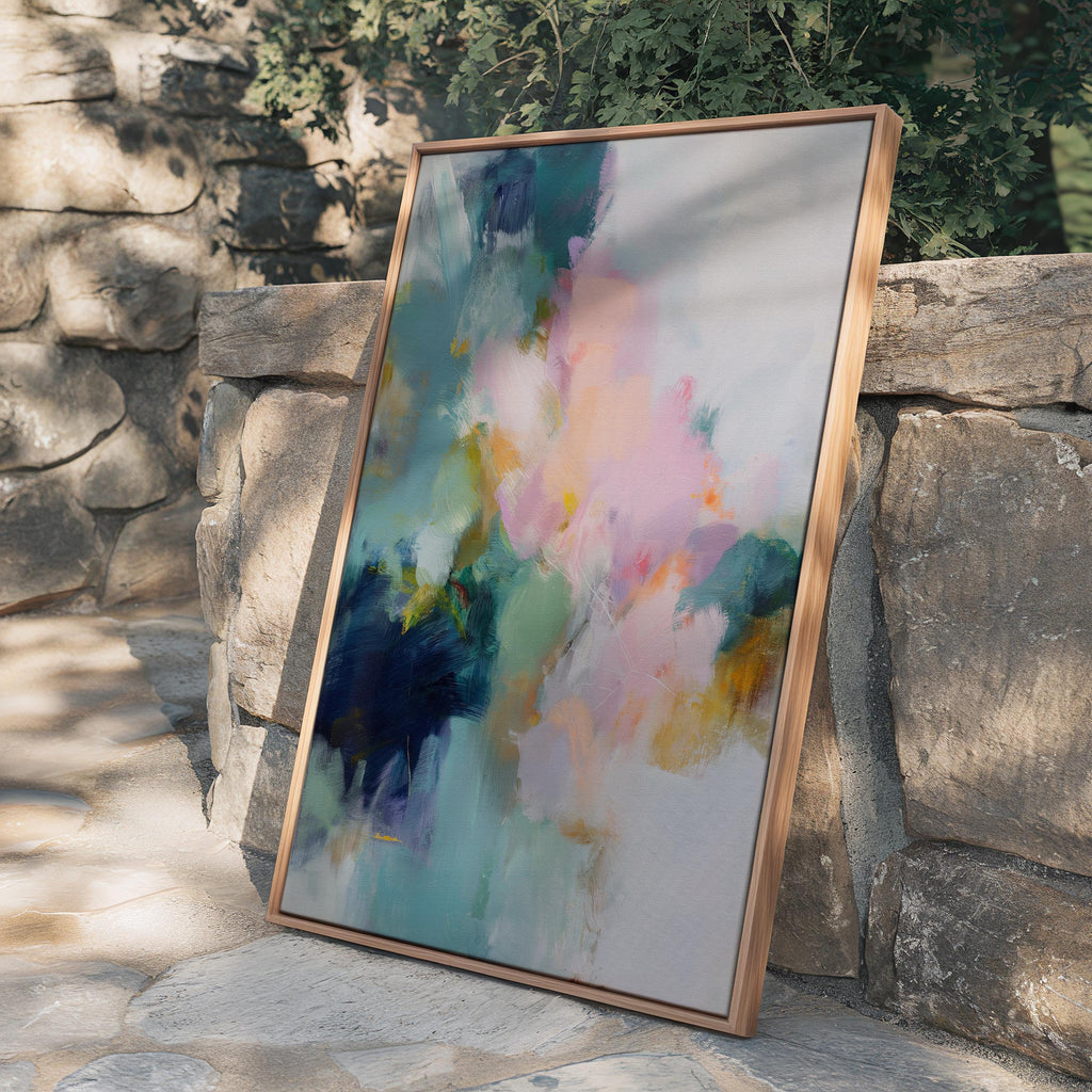 Large framed abstract wall art in blush pink, teal, sage green and soft yellow · soft botanical inspired painting for bedroom or living room · museum-grade giclée print on premium canvas with custom wood float frame · Muse Studio Misty Garden 1062