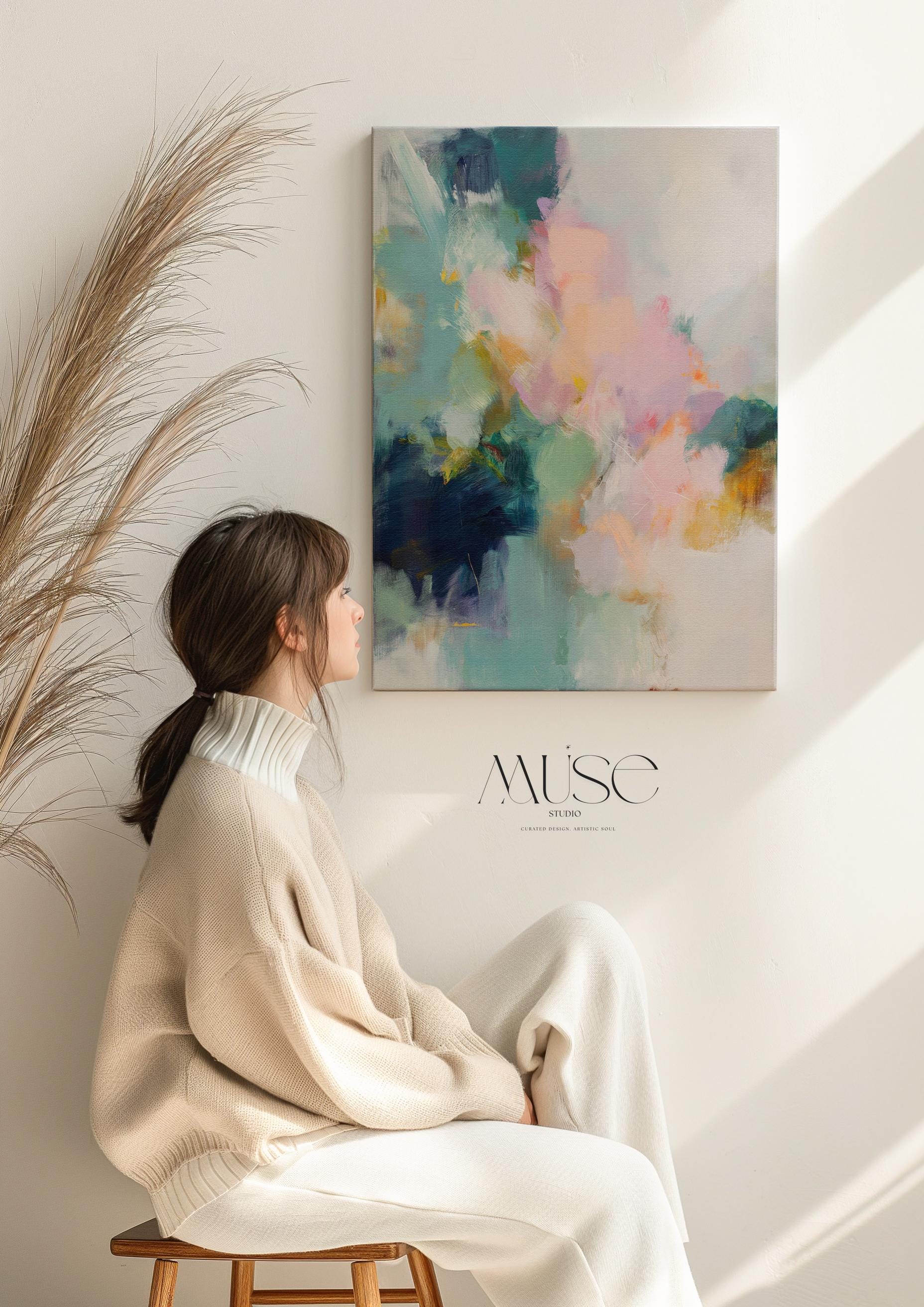 Large pastel abstract canvas wall art in blush pink, teal, sage green and soft yellow · organic botanical inspired painting for bedroom or living room · museum-grade giclée print on premium gallery-wrapped canvas · Muse Studio Misty Garden 1062
