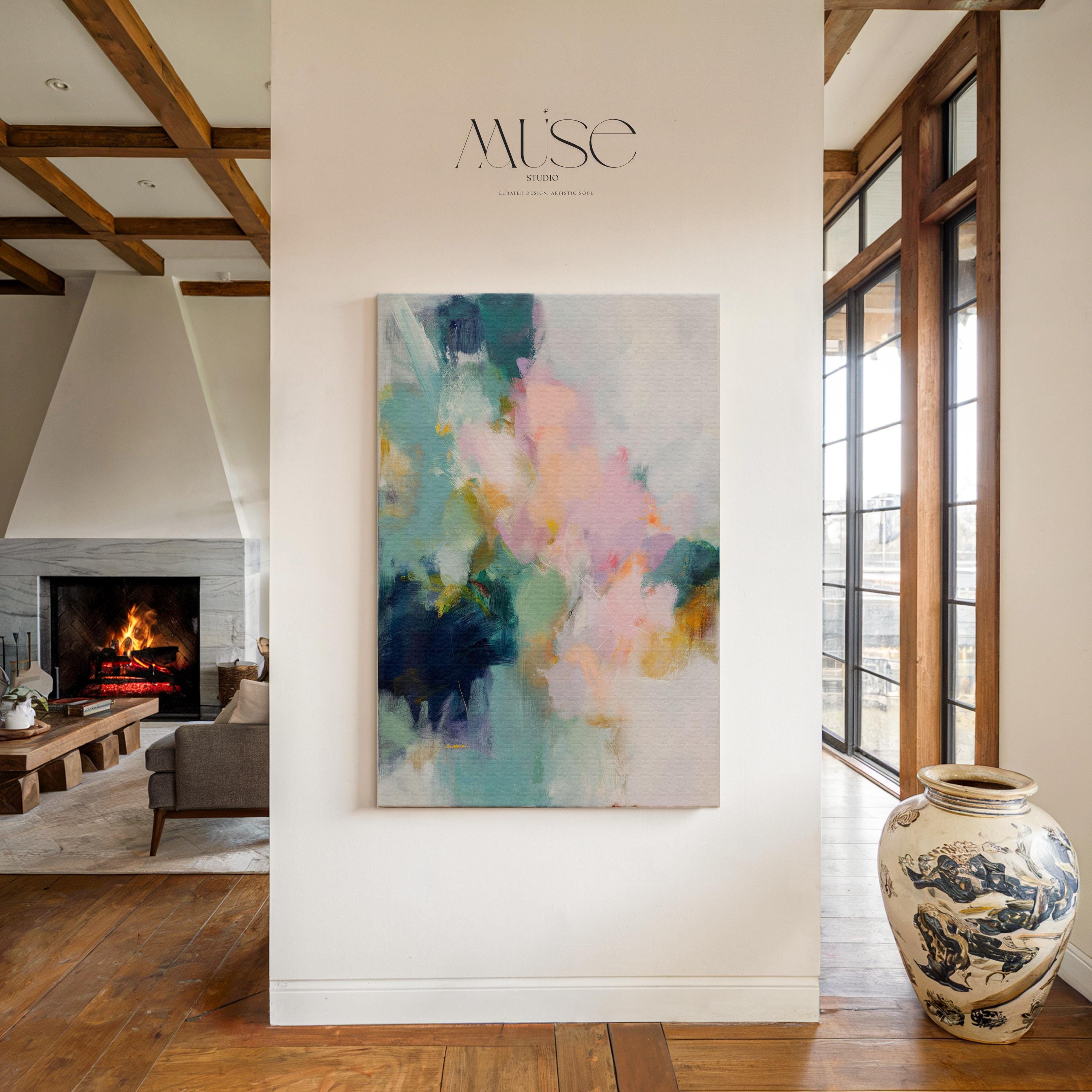 Large pastel abstract canvas wall art in blush pink, teal, sage green and soft yellow · organic botanical inspired painting for bedroom or living room · museum-grade giclée print on premium gallery-wrapped canvas · Muse Studio Misty Garden 1062