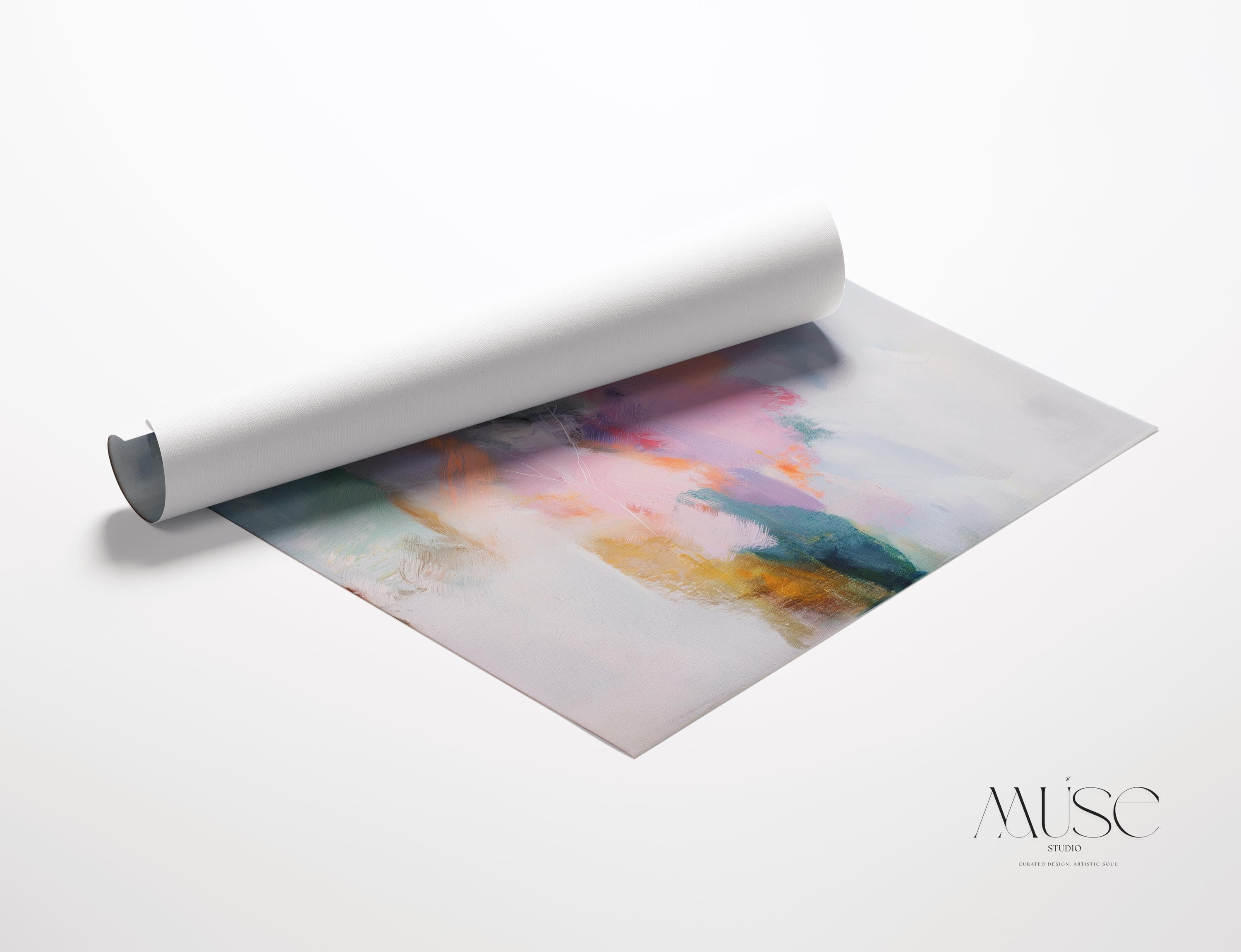 Large pastel abstract canvas wall art in blush pink, teal, sage green and soft yellow · organic botanical inspired painting for bedroom or living room · museum-grade giclée print on premium gallery-wrapped canvas · Muse Studio Misty Garden 1062
