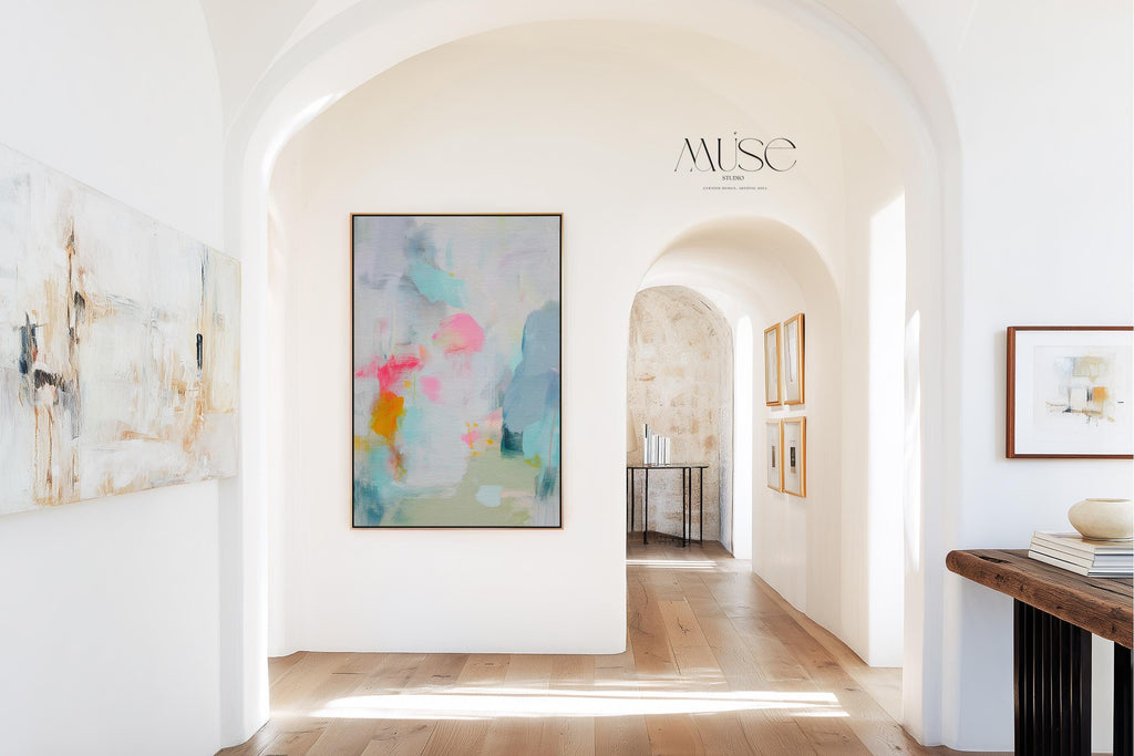 Misty Garden No. 1063 by Muse Studio & Co. pastel abstract canvas wall art in blush pink, teal, soft yellow and airy neutrals, printed with museum-grade giclée inks on premium gallery-wrapped canvas, styled above a linen bed in a serene contemporary bedroom
