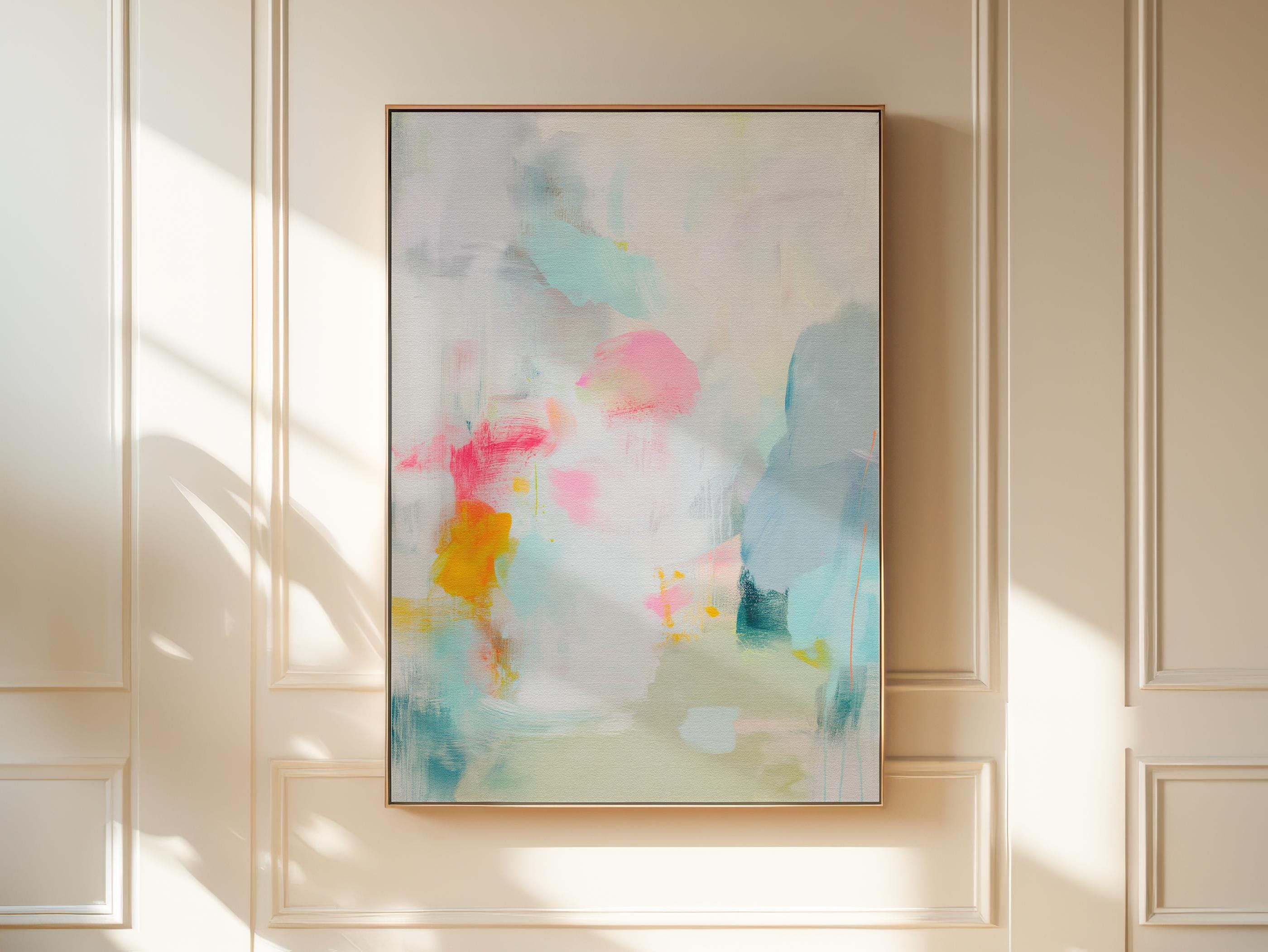 Misty Garden No. 1063 by Muse Studio & Co. pastel abstract canvas wall art in blush pink, teal, soft yellow and airy neutrals, printed with museum-grade giclée inks on premium gallery-wrapped canvas, styled above a linen bed in a serene contemporary bedroom