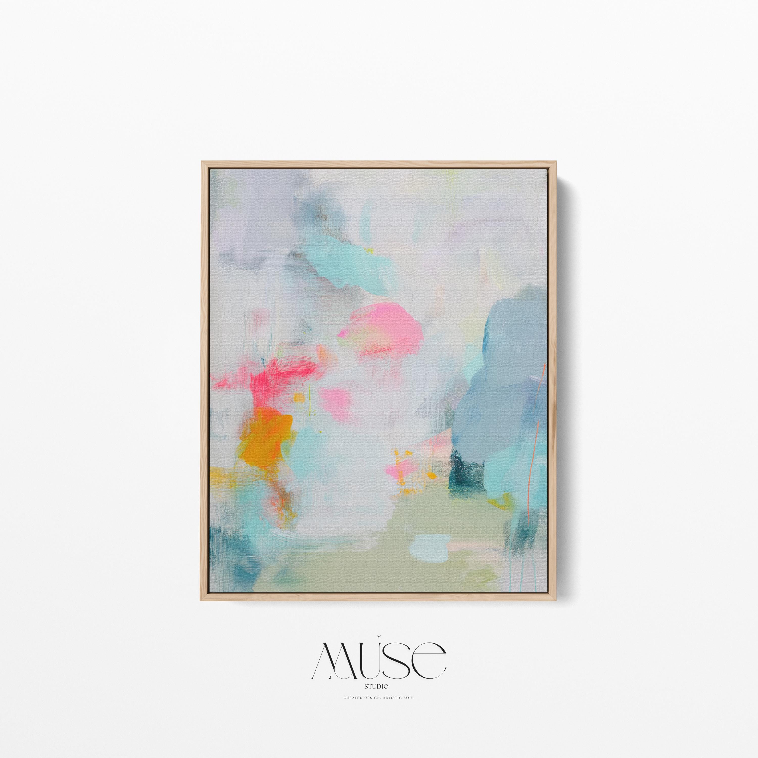 Misty Garden No. 1063 by Muse Studio & Co. pastel abstract canvas wall art in blush pink, teal, soft yellow and airy neutrals, printed with museum-grade giclée inks on premium gallery-wrapped canvas, styled above a linen bed in a serene contemporary bedroom