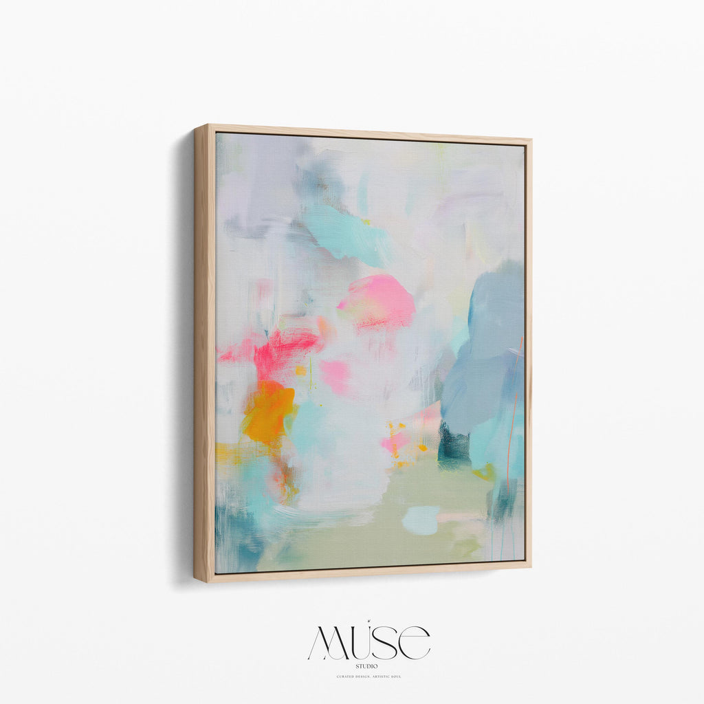 Misty Garden No. 1063 by Muse Studio & Co. pastel abstract canvas wall art in blush pink, teal, soft yellow and airy neutrals, printed with museum-grade giclée inks on premium gallery-wrapped canvas, styled above a linen bed in a serene contemporary bedroom