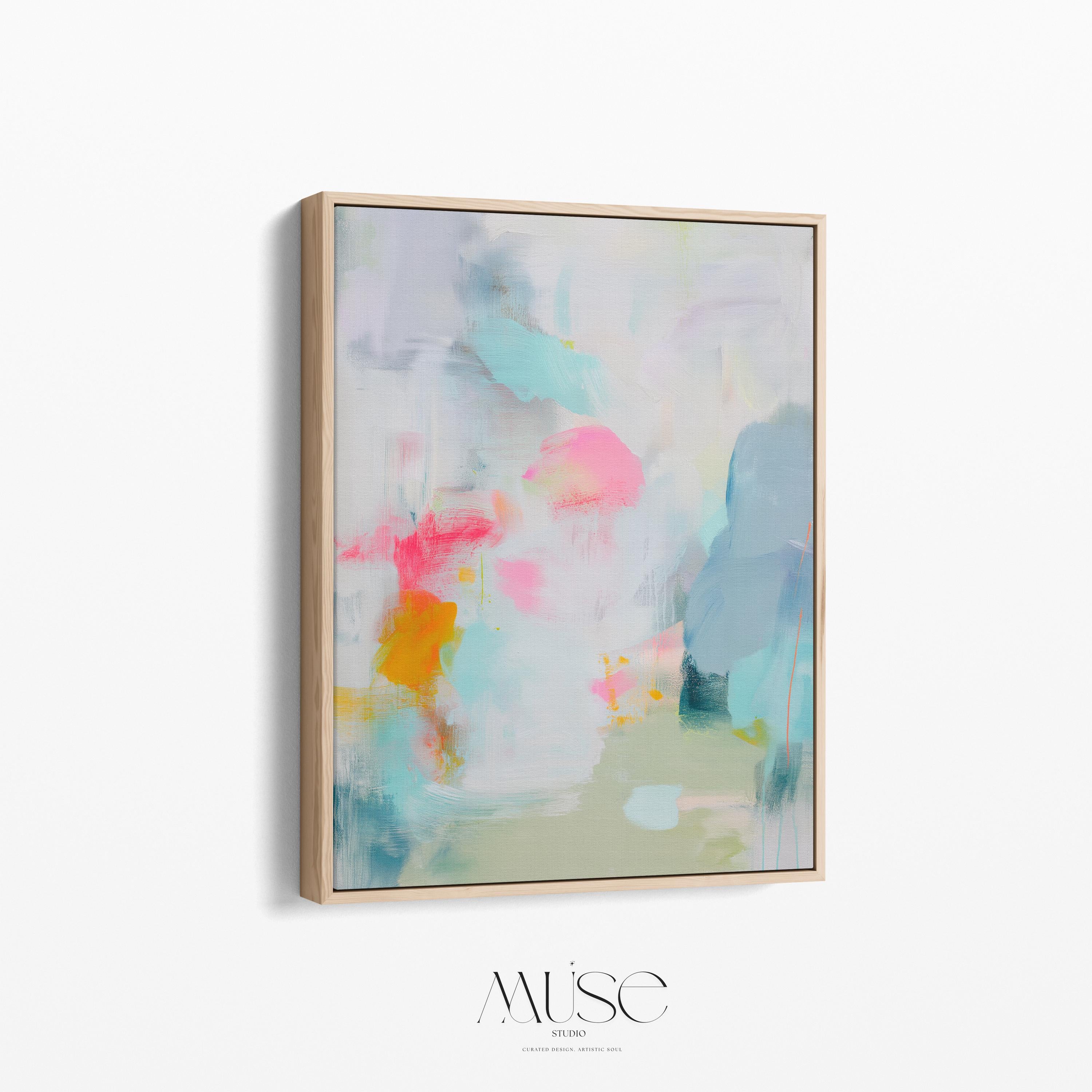Misty Garden No. 1063 by Muse Studio & Co. pastel abstract canvas wall art in blush pink, teal, soft yellow and airy neutrals, printed with museum-grade giclée inks on premium gallery-wrapped canvas, styled above a linen bed in a serene contemporary bedroom