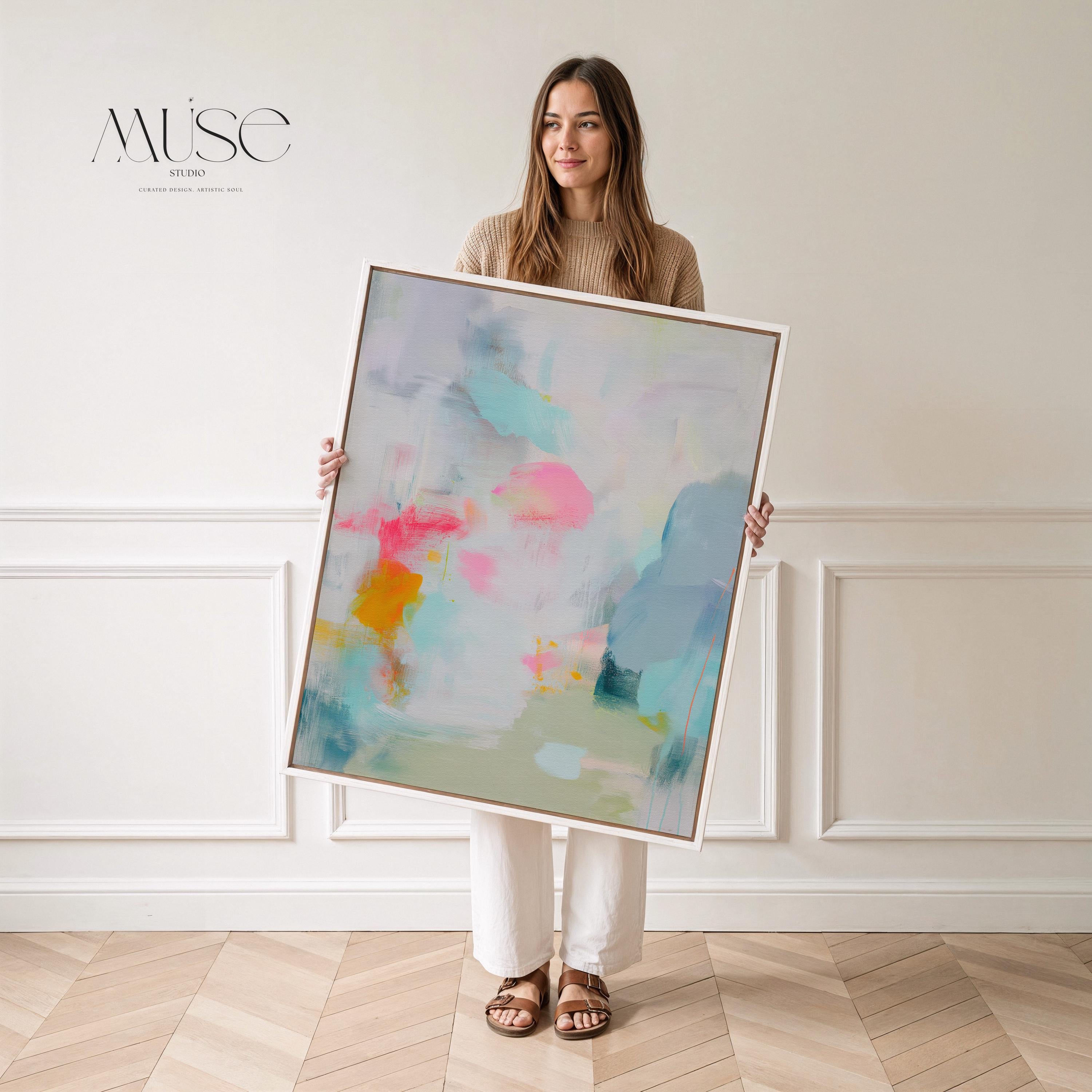Misty Garden No. 1063 by Muse Studio & Co. pastel abstract canvas wall art in blush pink, teal, soft yellow and airy neutrals, printed with museum-grade giclée inks on premium gallery-wrapped canvas, styled above a linen bed in a serene contemporary bedroom