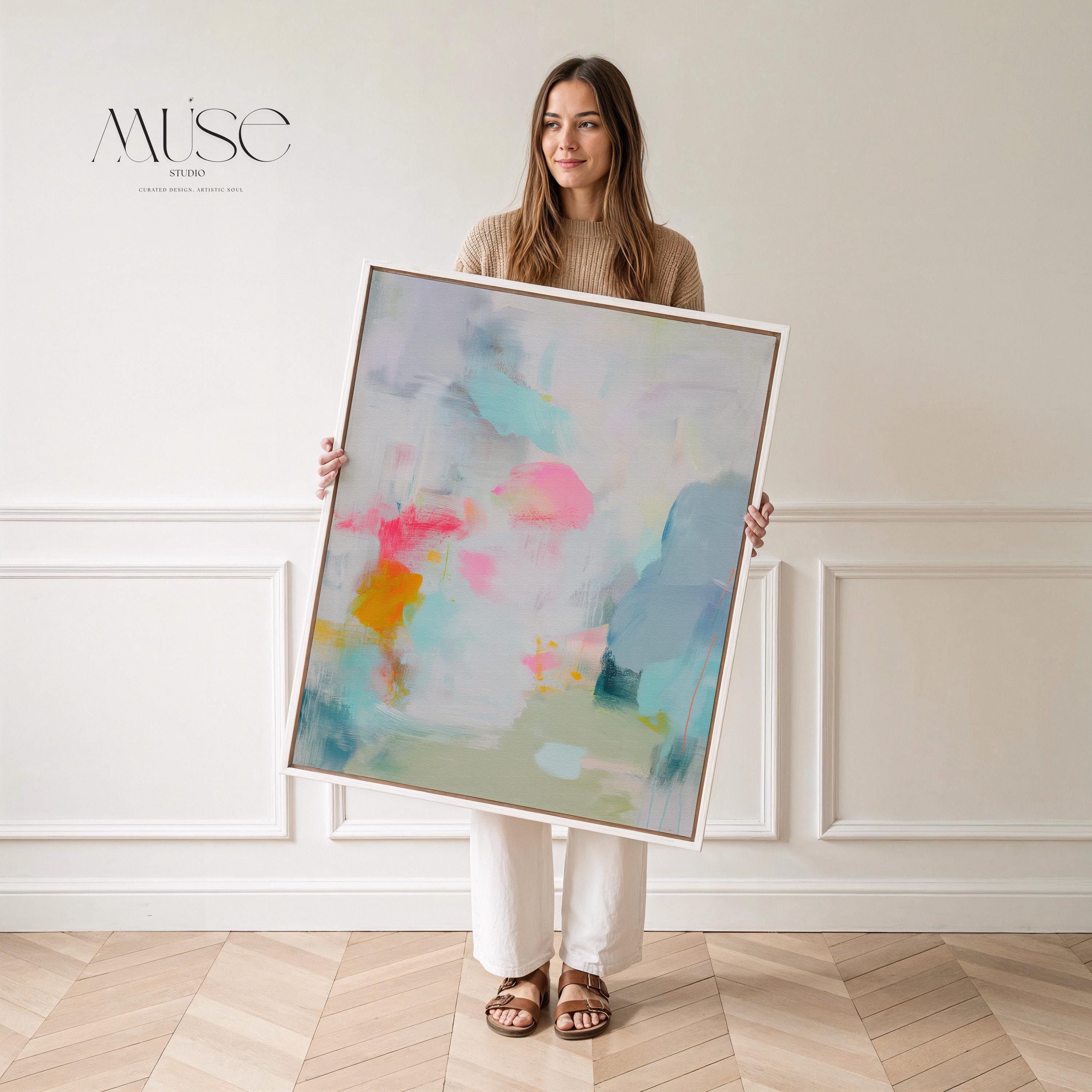 Misty Garden No. 1063 by Muse Studio & Co. pastel abstract canvas wall art in blush pink, teal, soft yellow and airy neutrals, printed with museum-grade giclée inks on premium gallery-wrapped canvas, styled above a linen bed in a serene contemporary bedroom
