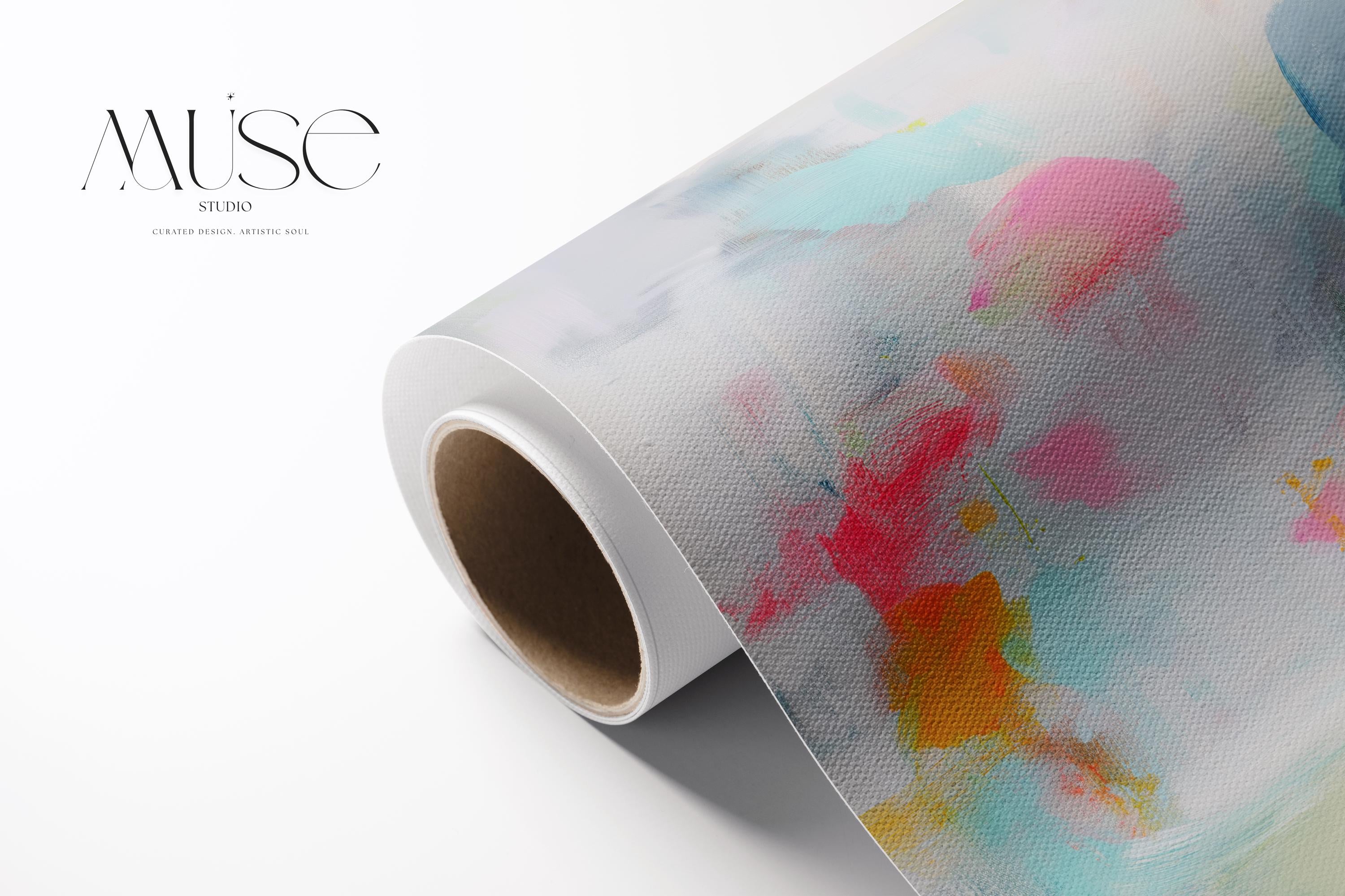 Misty Garden No. 1063 by Muse Studio & Co. pastel abstract canvas wall art in blush pink, teal, soft yellow and neutral tones, printed with museum-grade giclée inks on premium gallery-wrapped canvas, styled above a bed in a serene contemporary bedroom