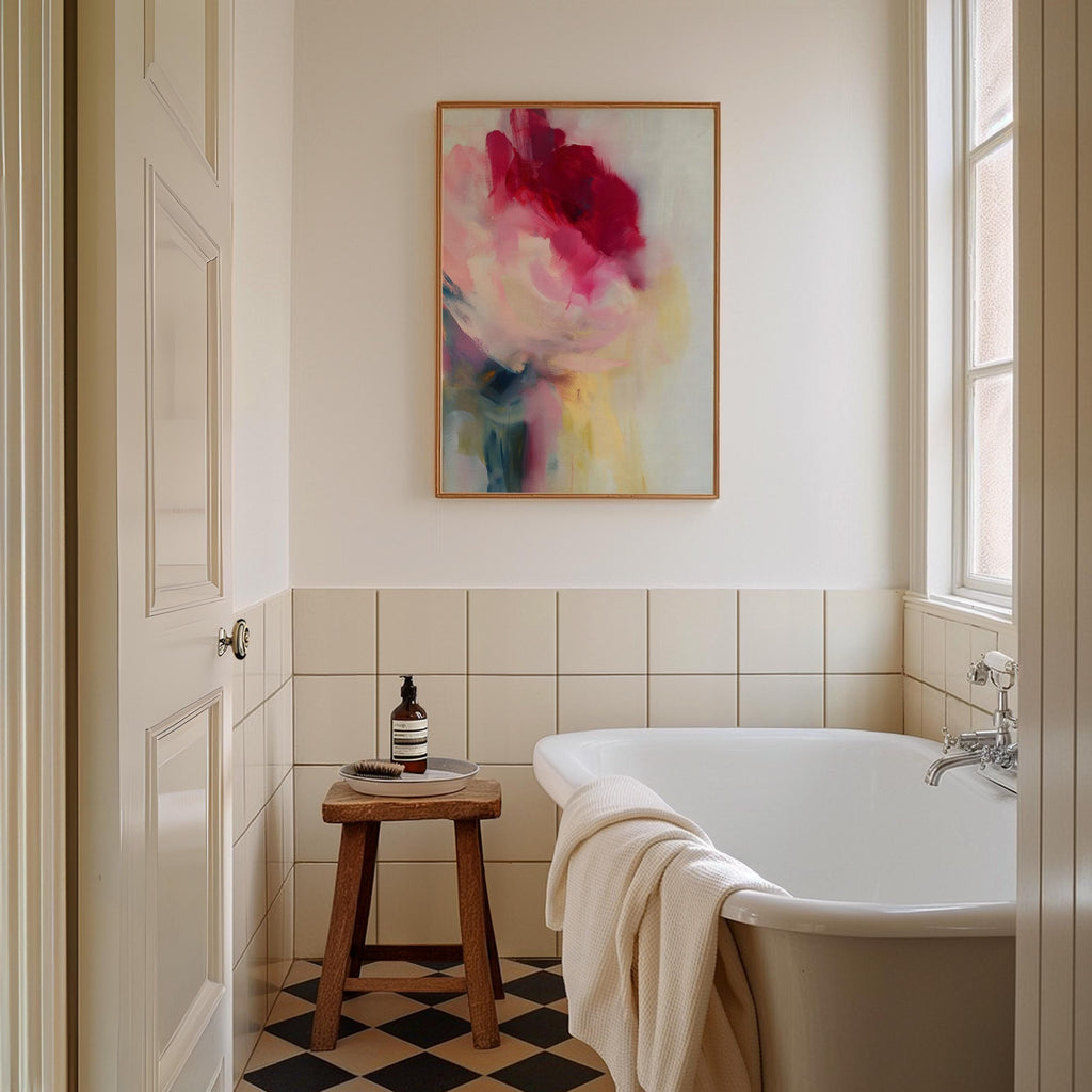 Vertical abstract wall art in soft pink, rose, and misty blue tones, blending painterly layers with an airy, luminous finish. Ideal for bedrooms or entryways, this soft contemporary design adds tranquility and subtle color. Floater framed in FSC-certified wood with a natural finish, printed on archival cotton-blend canvas for premium wall decor.