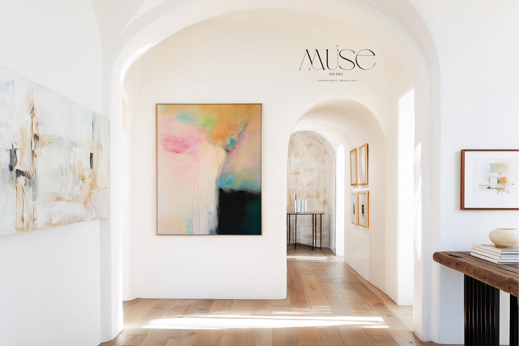 Vertical pastel abstract canvas wall art in blush pink, aqua blue, and warm gold tones, soft contemporary painting for bedroom or living room decor, Muse Studio Summer Sonata 1065, museum-grade giclée print on premium artist canvas