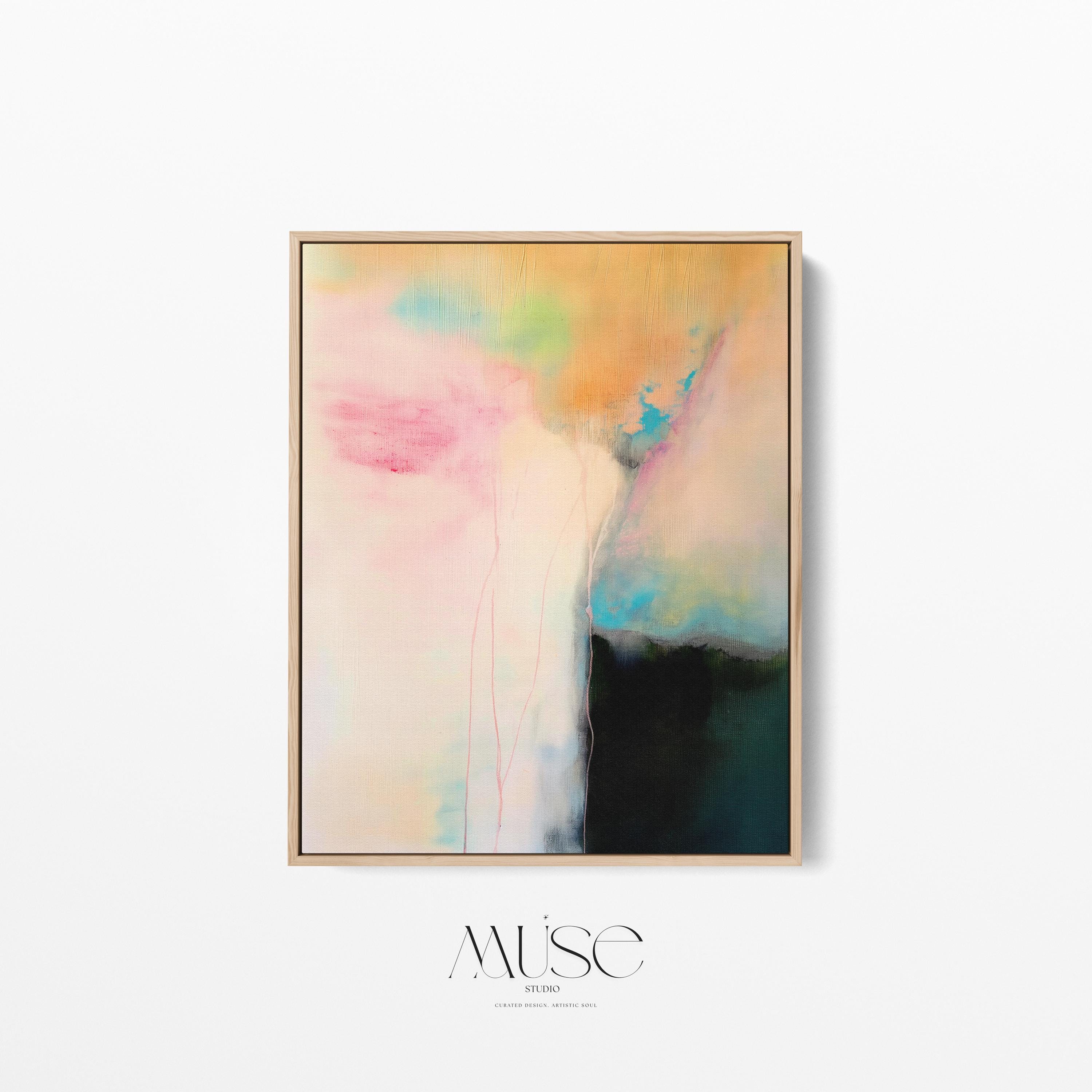 Vertical pastel abstract canvas wall art in blush pink, aqua blue, and warm gold tones, soft contemporary painting for bedroom or living room decor, Muse Studio Summer Sonata 1065, museum-grade giclée print on premium artist canvas