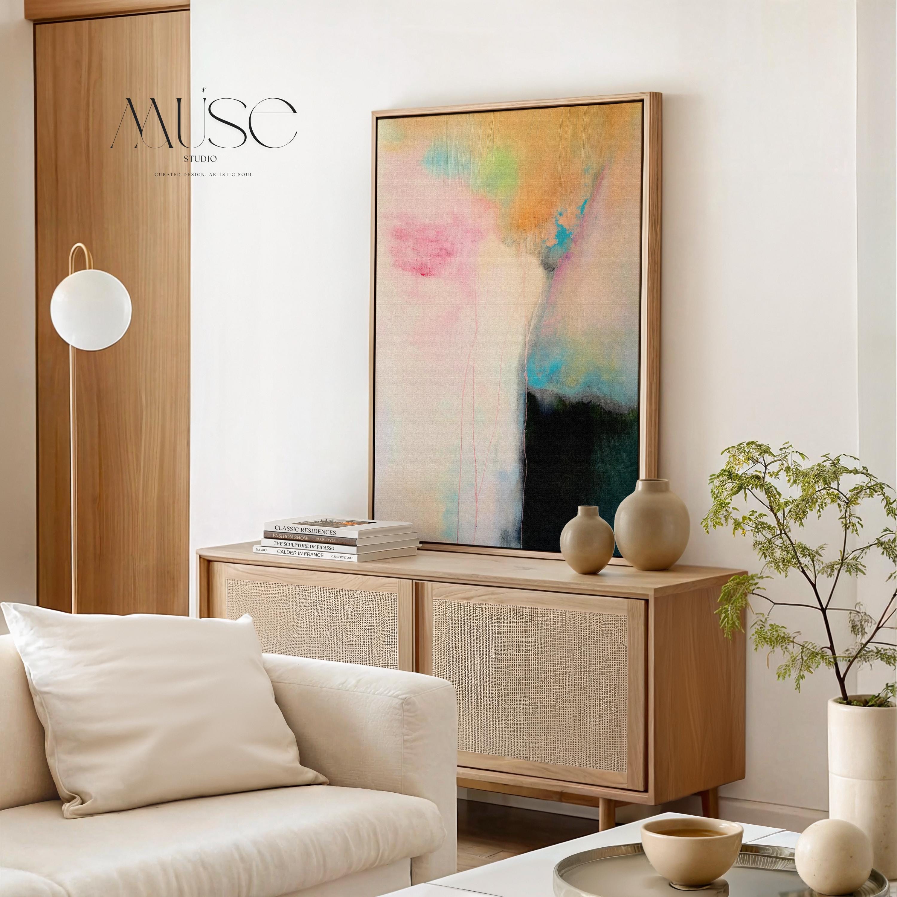 Vertical pastel abstract canvas wall art in blush pink, aqua blue, and warm gold tones, soft contemporary painting for bedroom or living room decor, Muse Studio Summer Sonata 1065, museum-grade giclée print on premium artist canvas