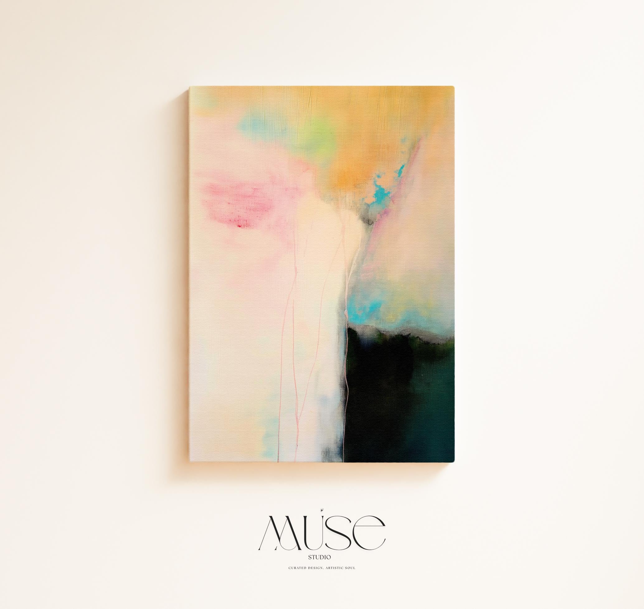 Vertical pastel abstract canvas wall art in blush pink, aqua blue, and warm gold tones, soft contemporary modern minimal artwork for bedroom or living room decor, Muse Studio Summer Sonata 1065, museum-grade giclée print on premium artist canvas