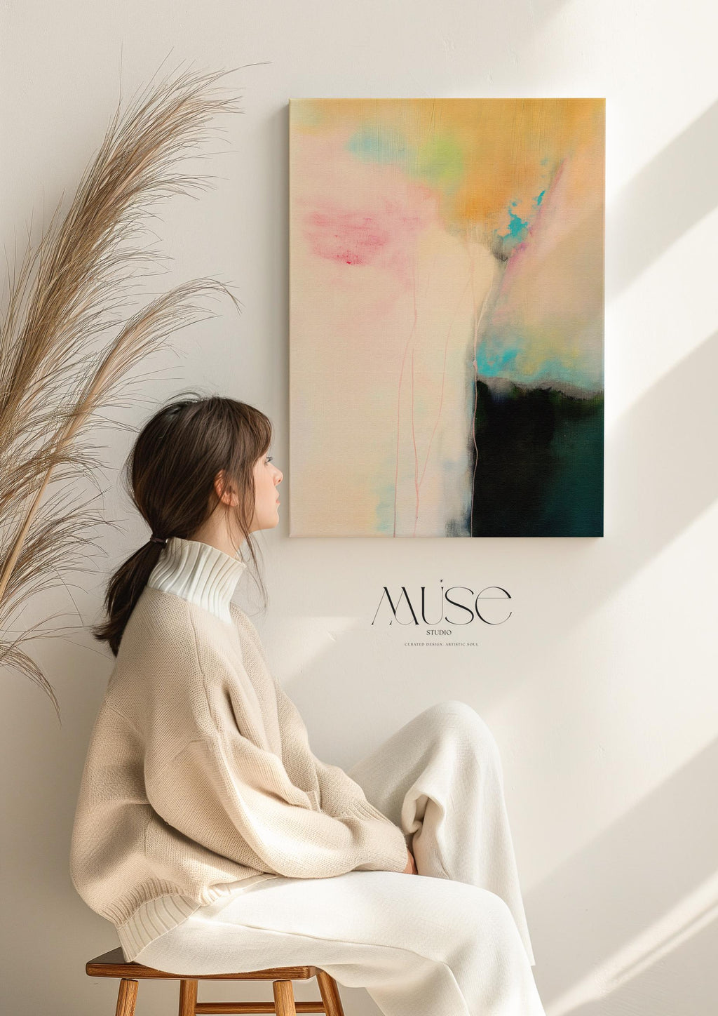 Vertical pastel abstract canvas wall art in blush pink, aqua blue, and warm gold tones, soft contemporary modern minimal artwork for bedroom or living room decor, Muse Studio Summer Sonata 1065, museum-grade giclée print on premium artist canvas