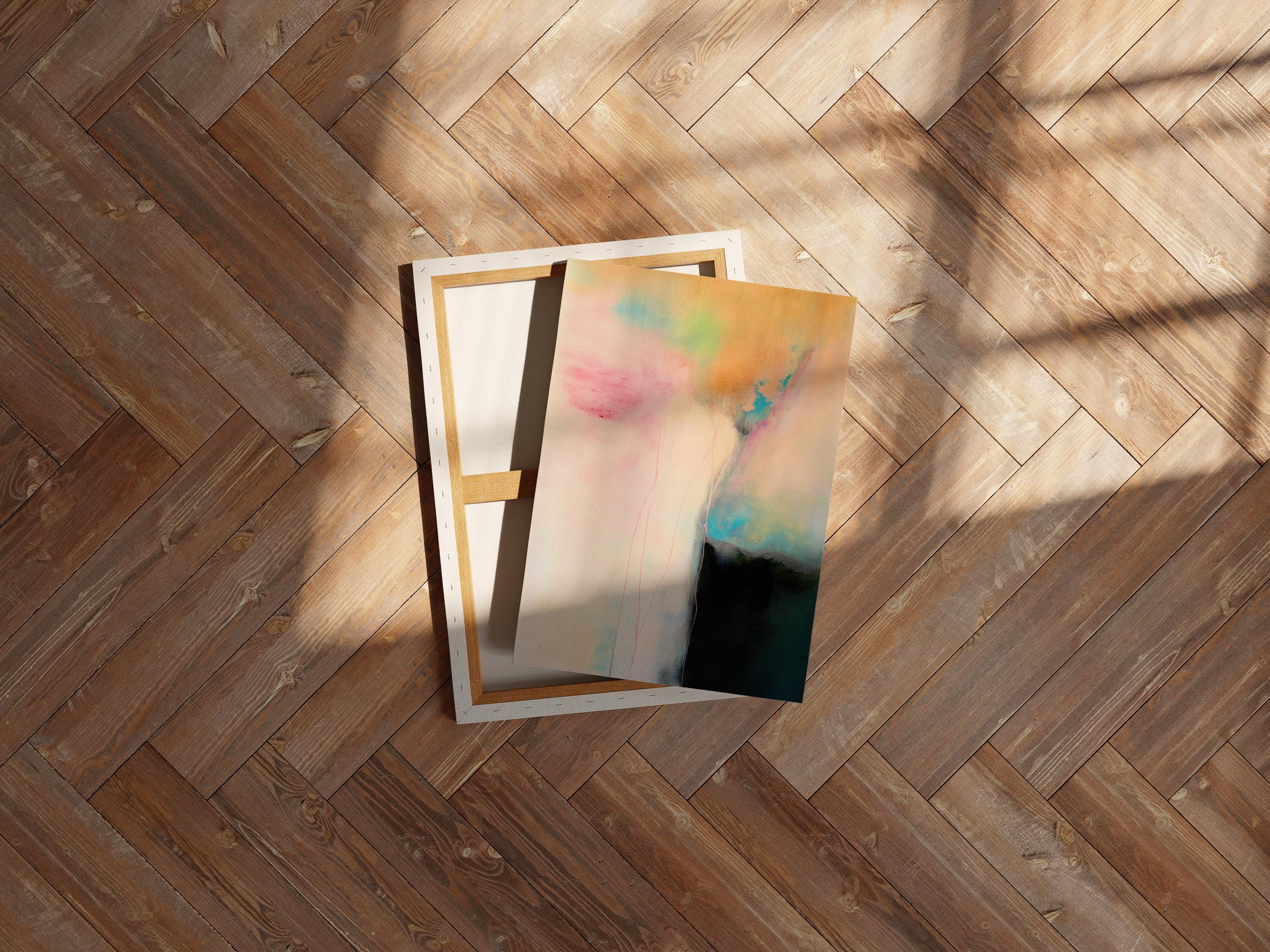 Vertical pastel abstract canvas wall art in blush pink, aqua blue, and warm gold tones, soft contemporary modern minimal artwork for bedroom or living room decor, Muse Studio Summer Sonata 1065, museum-grade giclée print on premium artist canvas