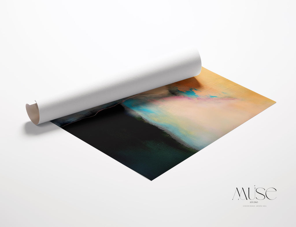 Vertical pastel abstract canvas wall art in blush pink, aqua blue, and warm gold tones, soft contemporary modern minimal artwork for bedroom or living room decor, Muse Studio Summer Sonata 1065, museum-grade giclée print on premium artist canvas