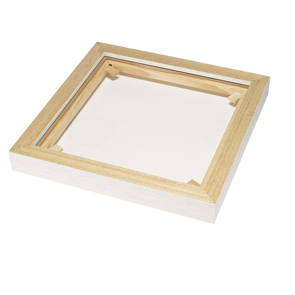 Muse Studio custom framing options include natural, white, black, antique gold, and silver premium wood float frames, each custom made to order to complement canvas wall art with a refined gallery-style finish.
