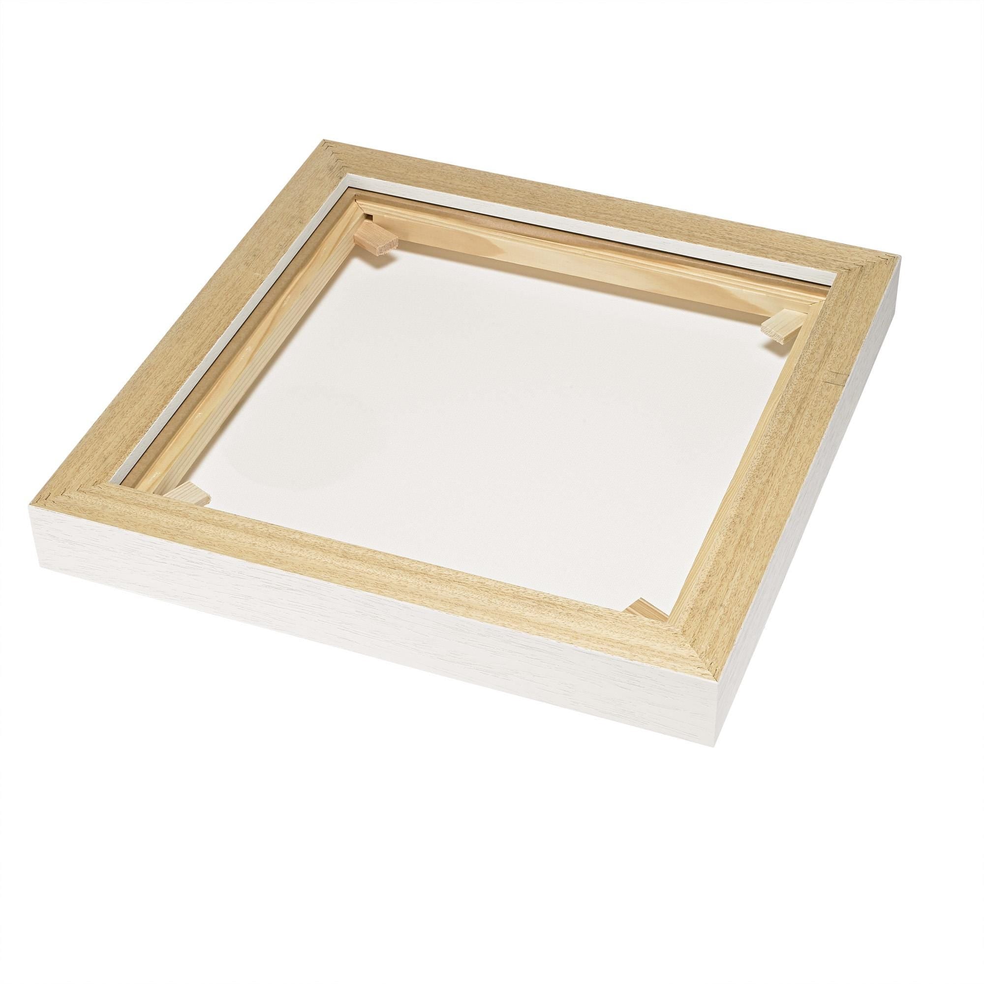 Muse Studio custom framing options include natural, white, black, antique gold, and silver premium wood float frames, each custom made to order to complement canvas wall art with a refined gallery-style finish.